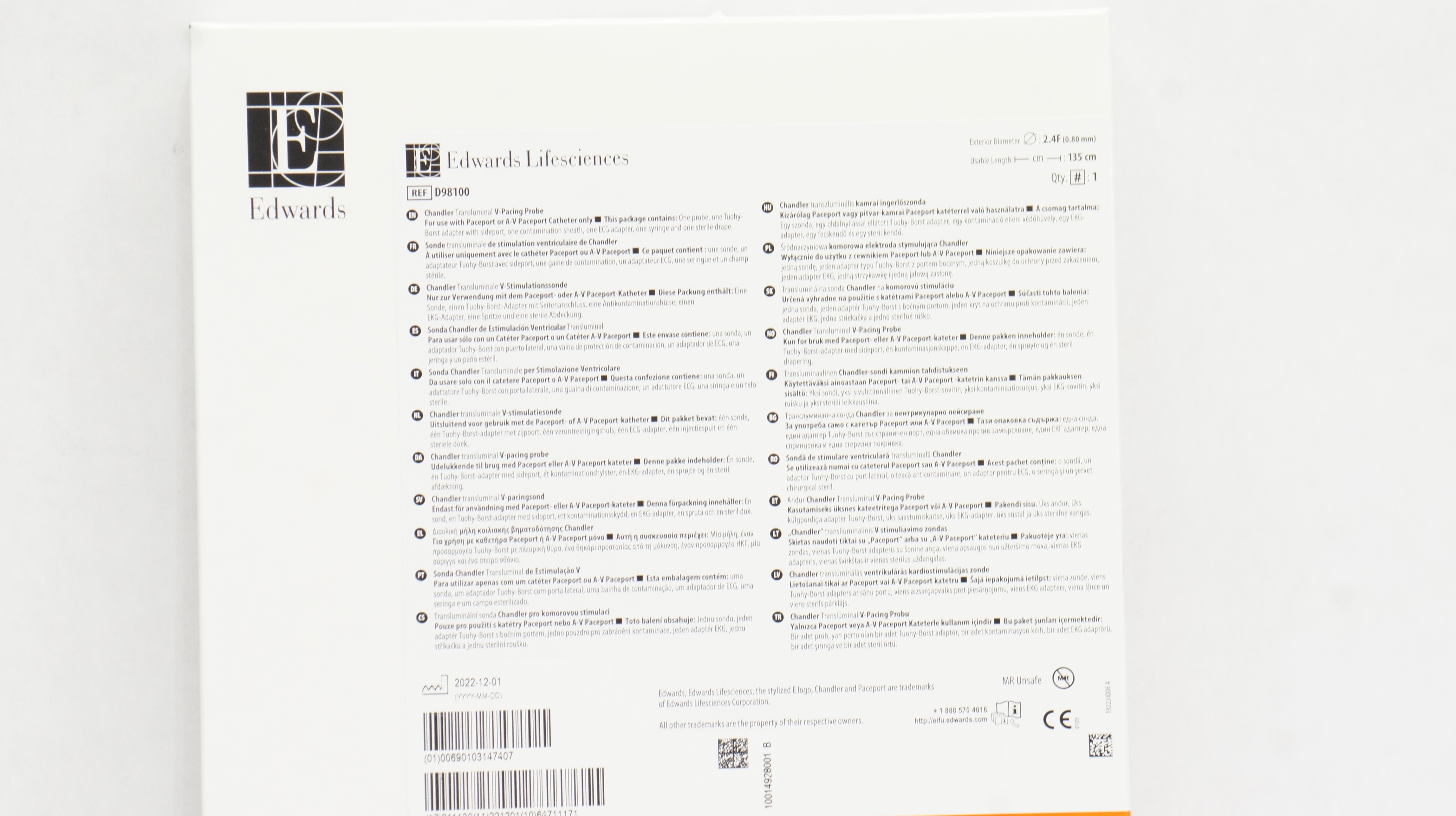 Edwards Lifesciences D98100 Chandler Transluminal V-Pacing Probe 2.4F x 135cm