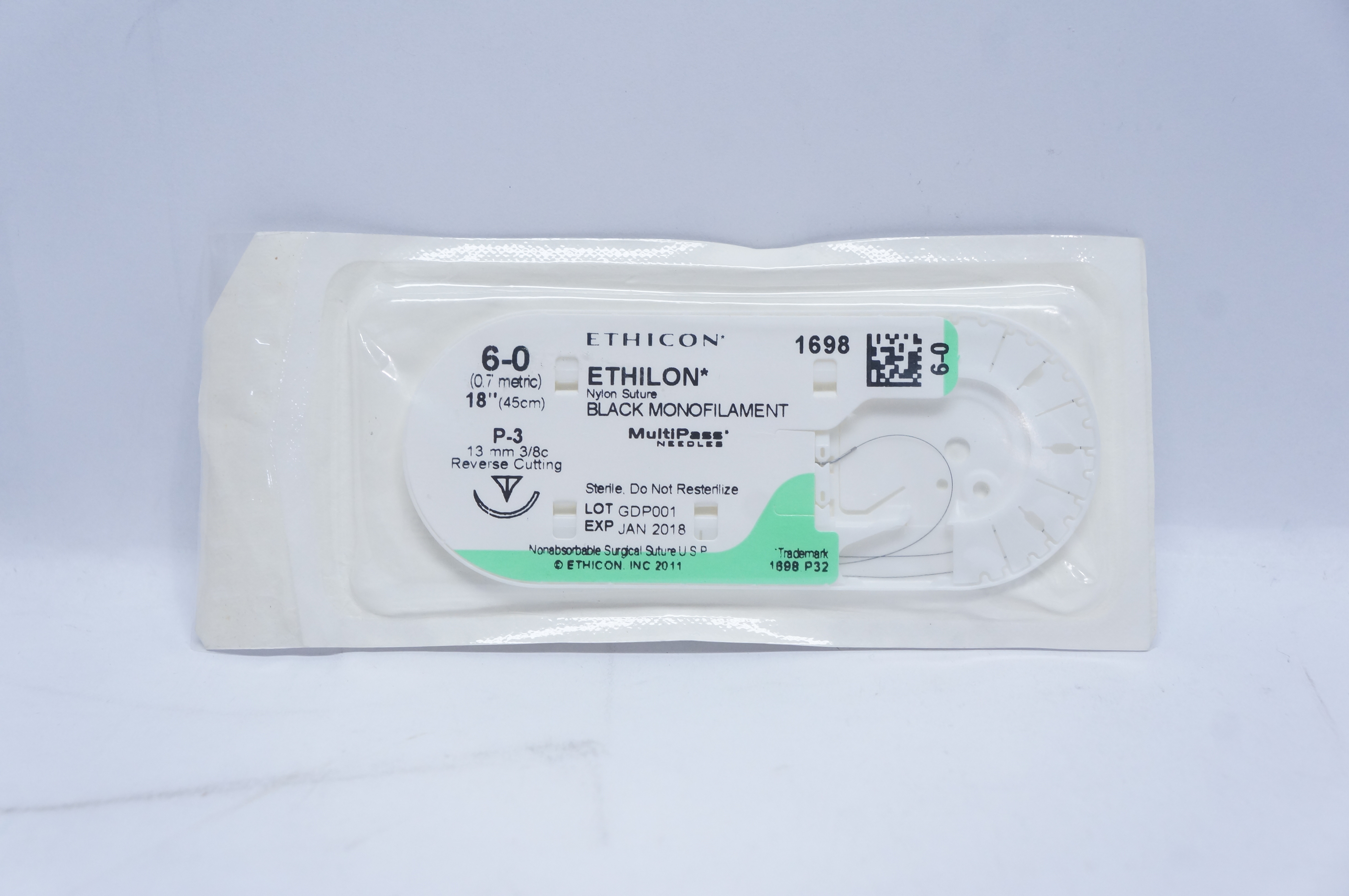 Ethicon 1698 6-0 ETHILON, P-3, 13mm 3/8c Reverse Cutting, 18inch (x)