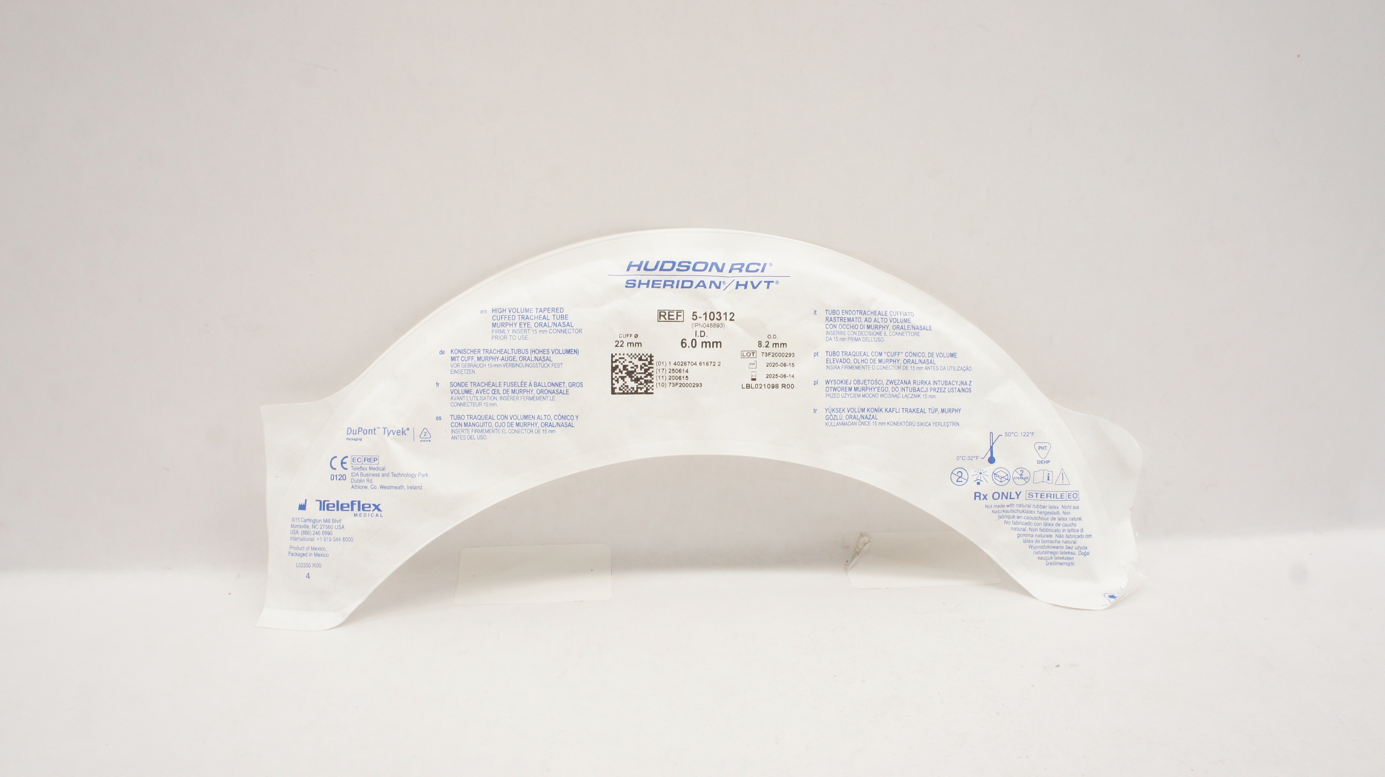 Teleflex 5-10312 Hudson RCI Sheridan HVT Cuffed Tracheal Tube 6.0 x 8.2 x 22mm