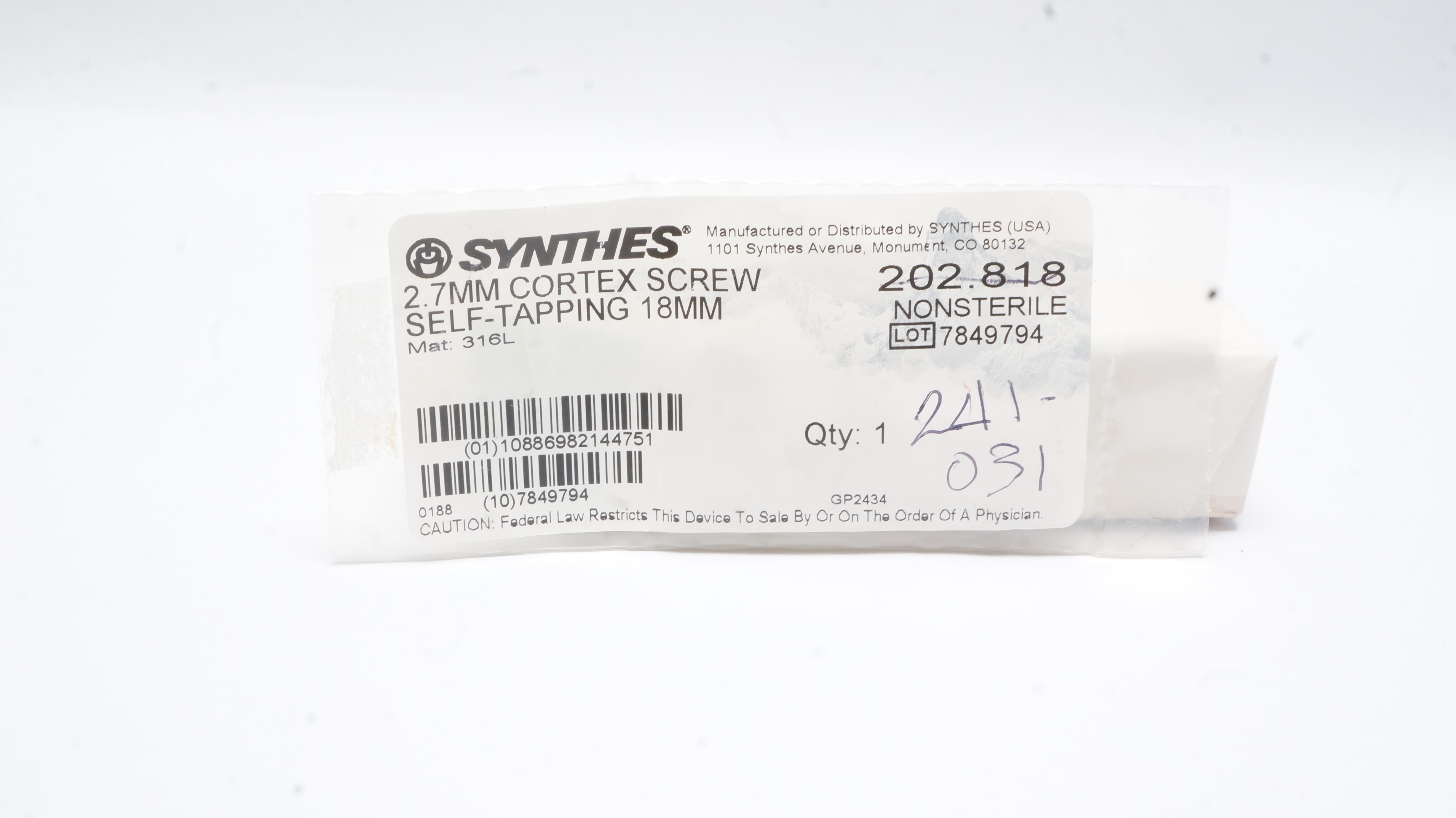 Synthes 202.818 2.7mm Cortex Screw Self-Tappig 18mm