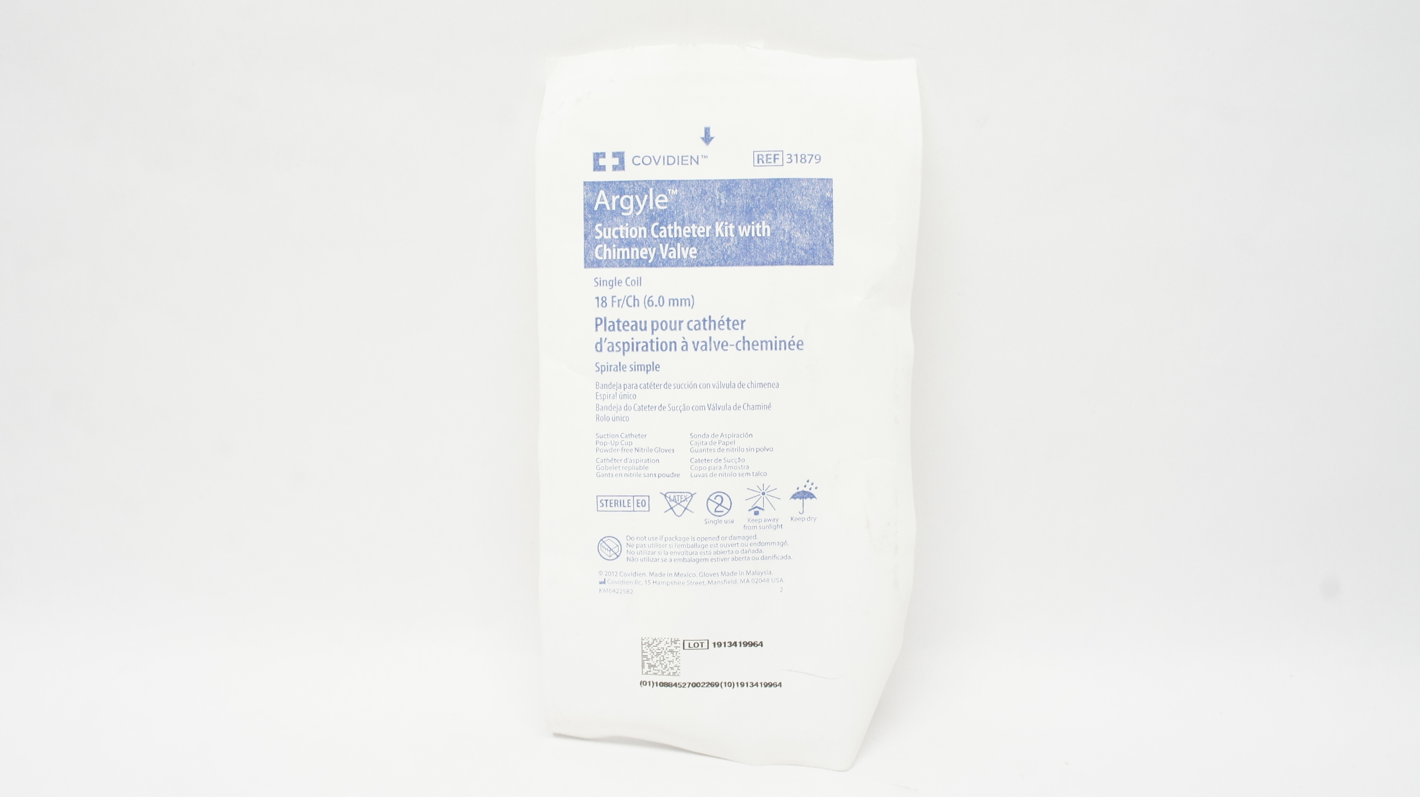 Covidien 31879 Argyle Suction Cath. Kit with Chimney Valve Single Coil 18Fr/Ch