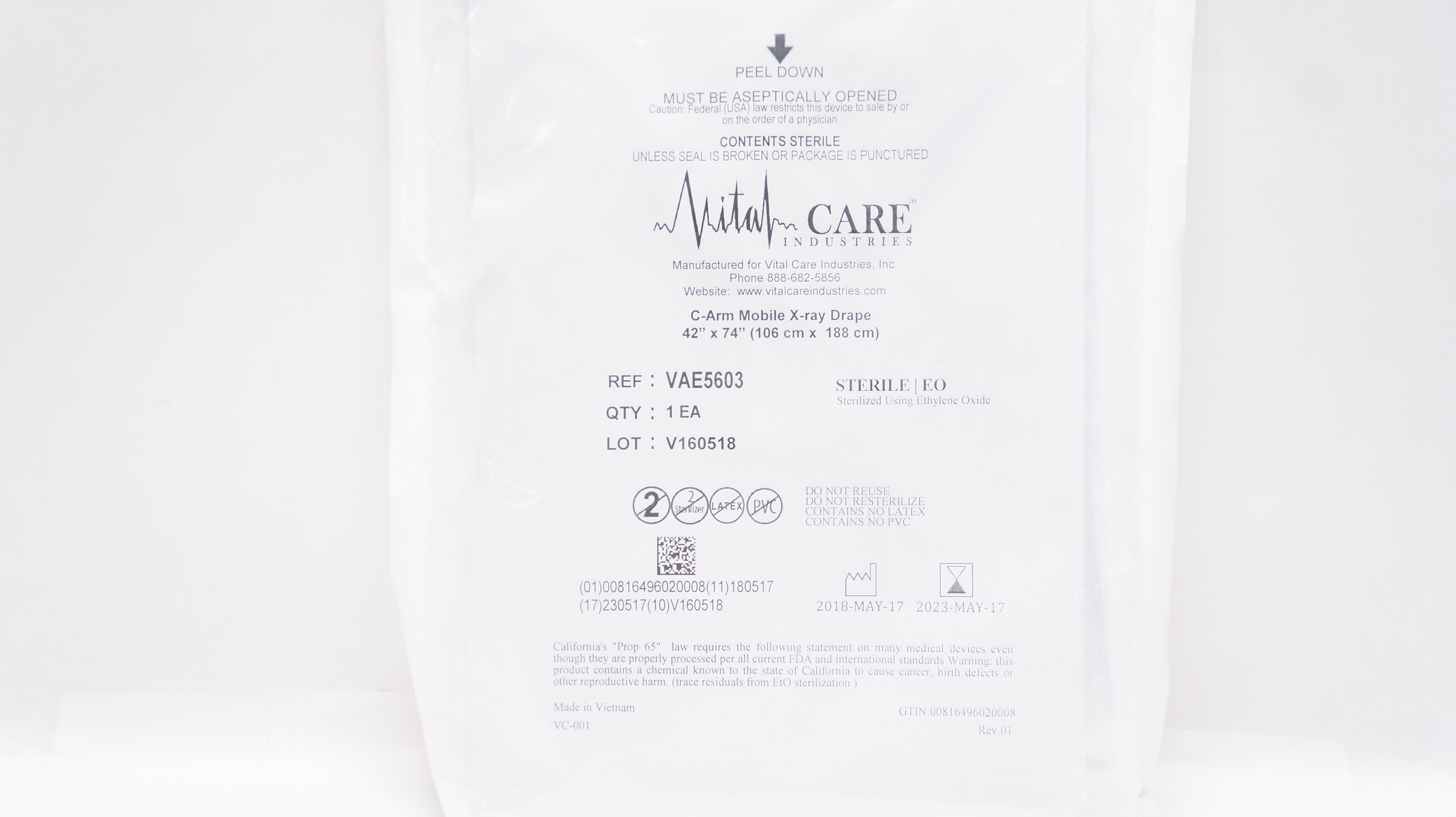 Vital Care VAE5603 C-Arm Mobile X-Ray Drape 42 inch x 74 inch (x)