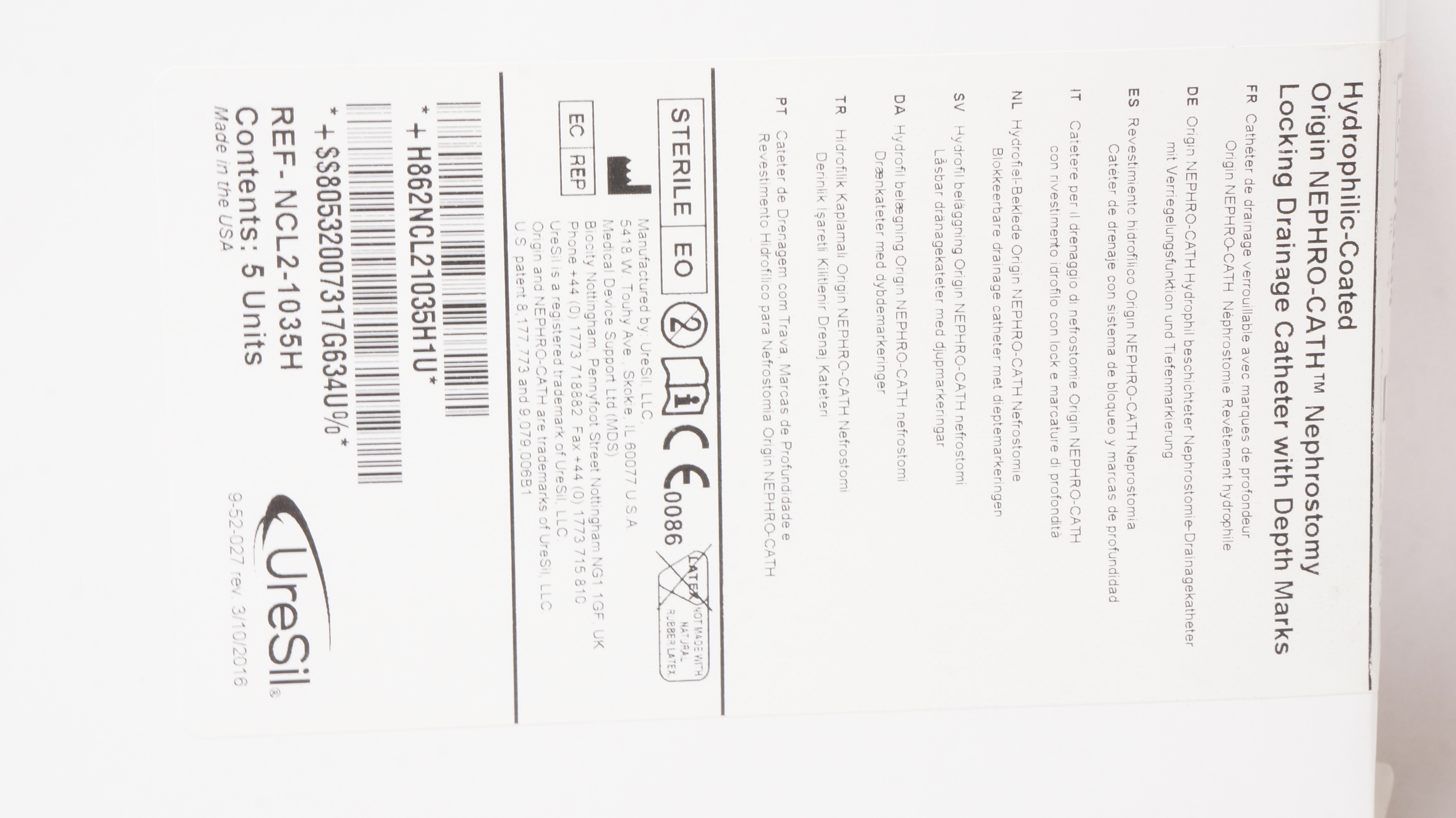 UreSil NCL2-1035H Origin Nephrostomy Locking Drainage Cath. 10F (x) - Box of 5