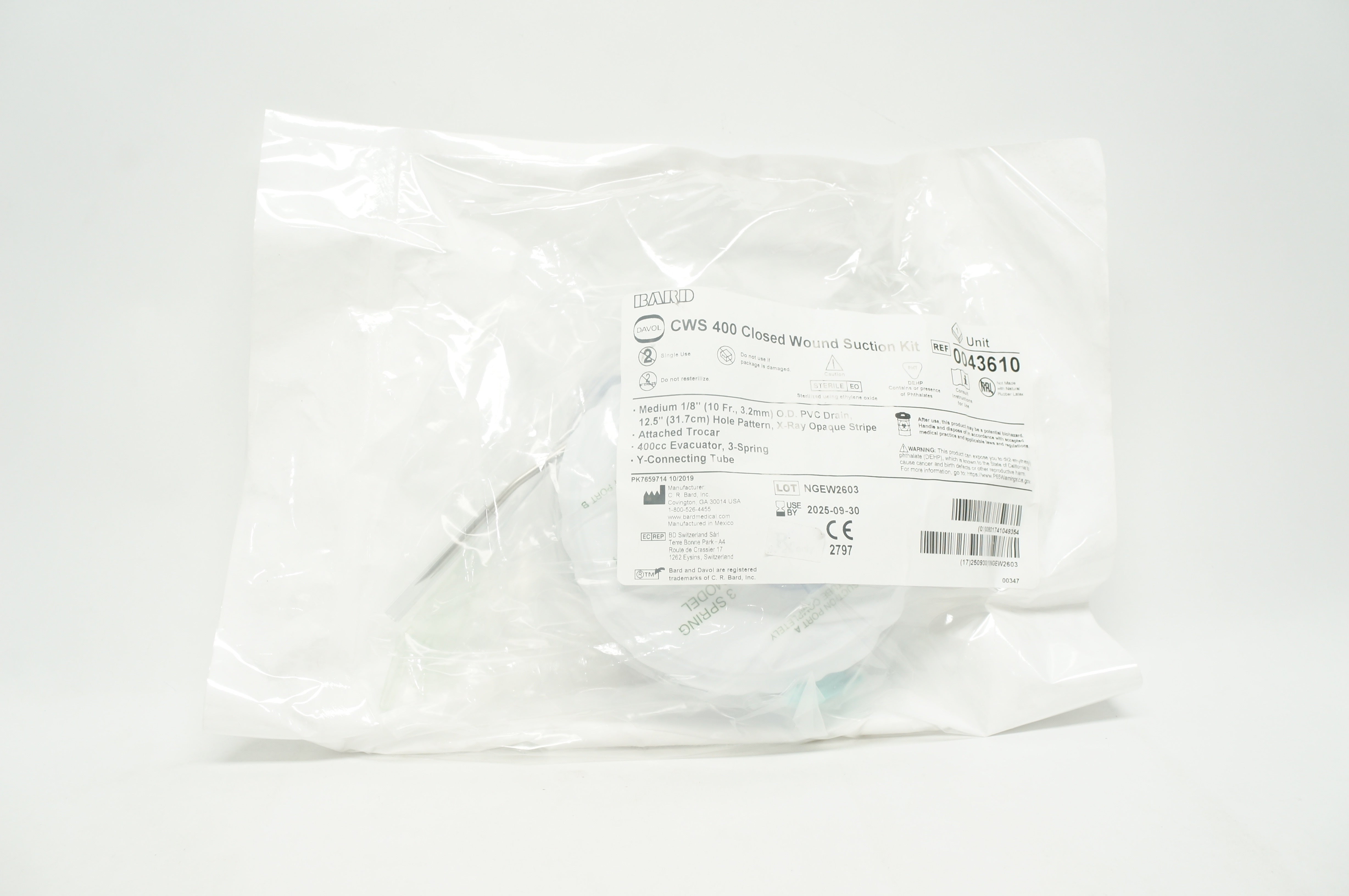 Bard 0043610 Davol CWS 400 Closed Wound Suction Kit