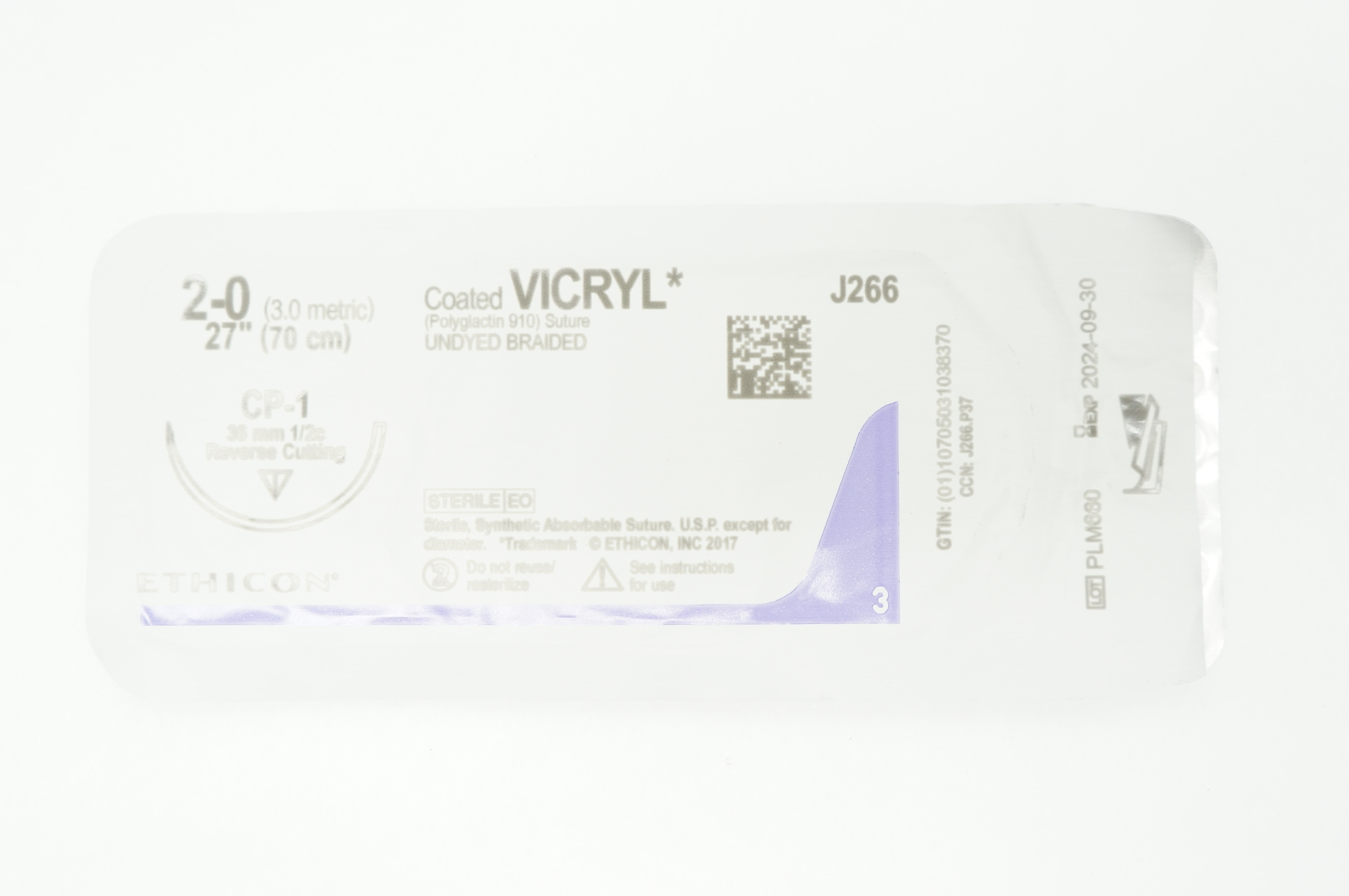 Ethicon J266 2-0 VICRYL CP-1 36mm 1/2c Reverse Cutting 27inch