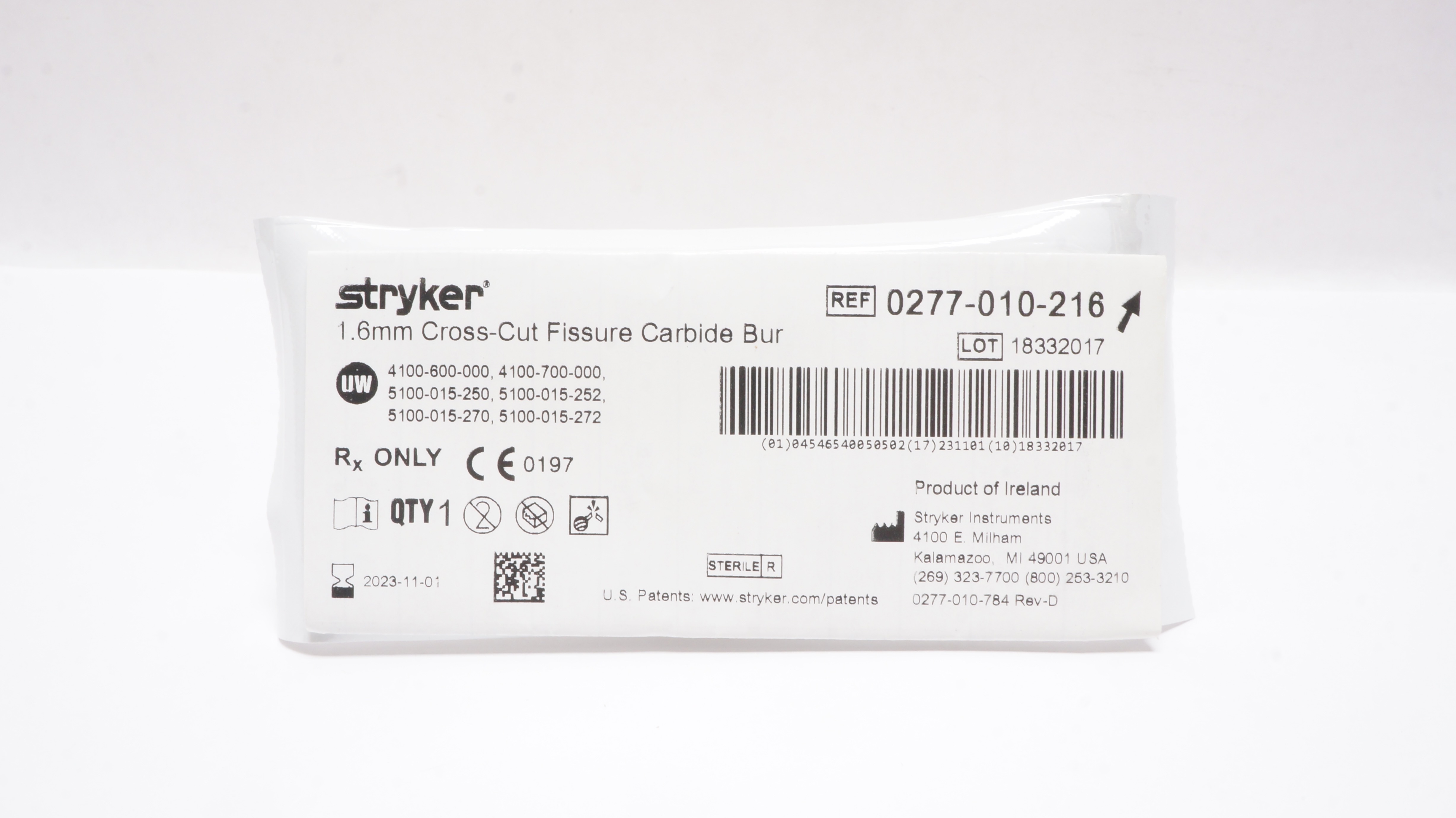 Stryker 0277-010-216 Cross-Cut Fissure Carbide Bur 1.6mm