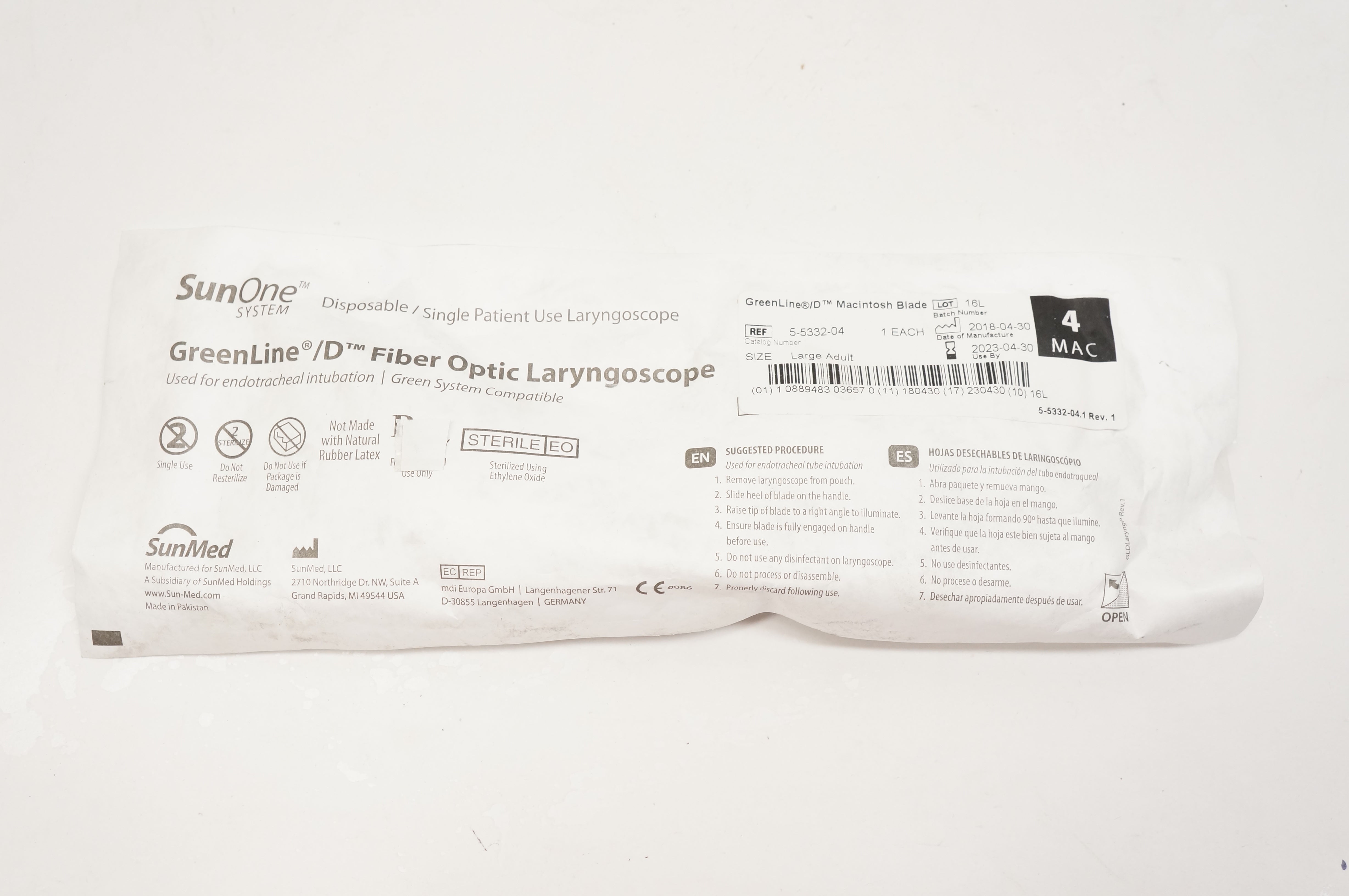 SunMed 5-5332-04 GreenLine D Fiber Optic Laryngoscope, Large Adult, Size 4 Mac