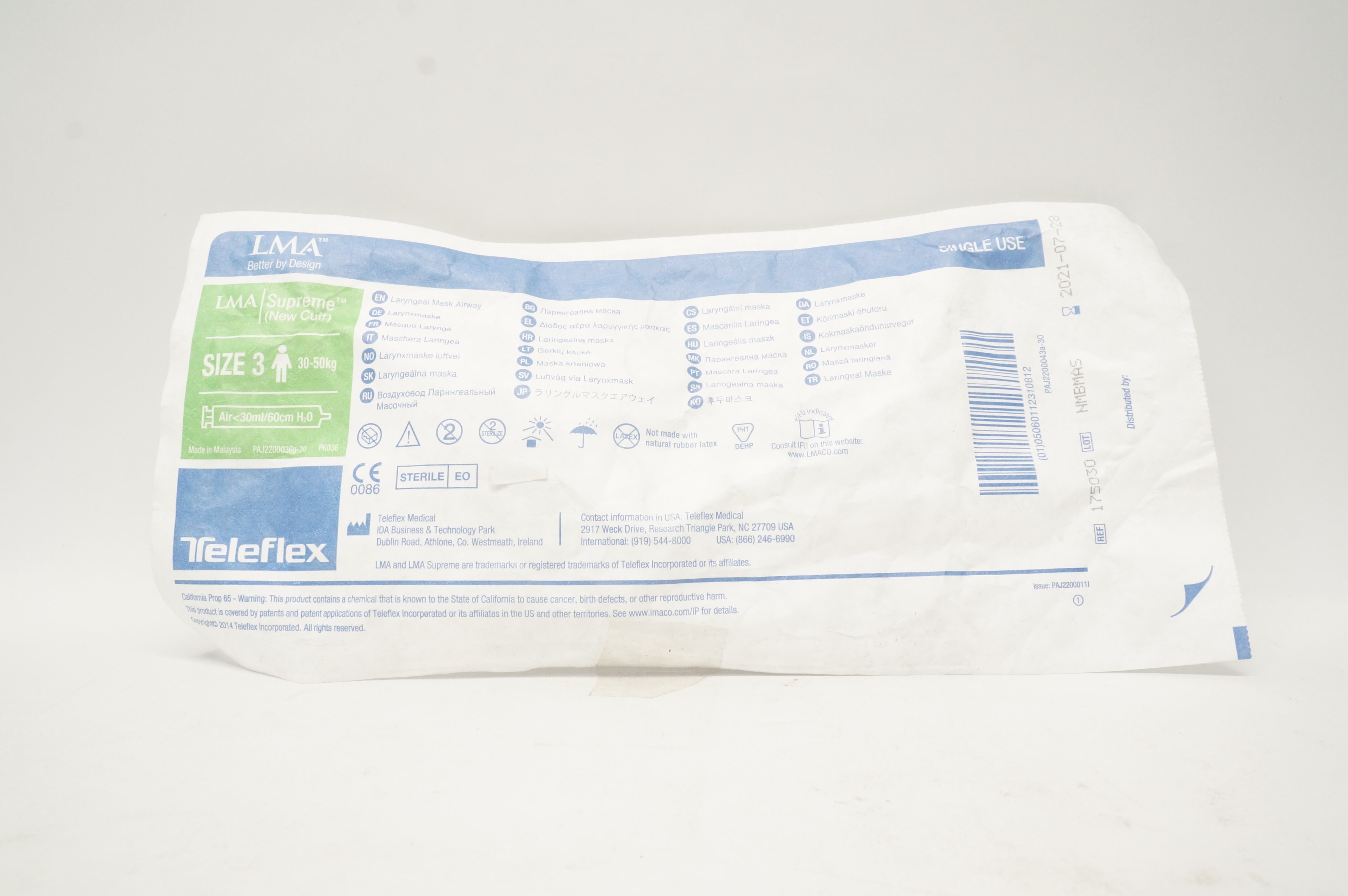 Teleflex 175030 LMA Supreme Laryngoscope Mask Airway Size 3 30-50kg <30ml/60cm