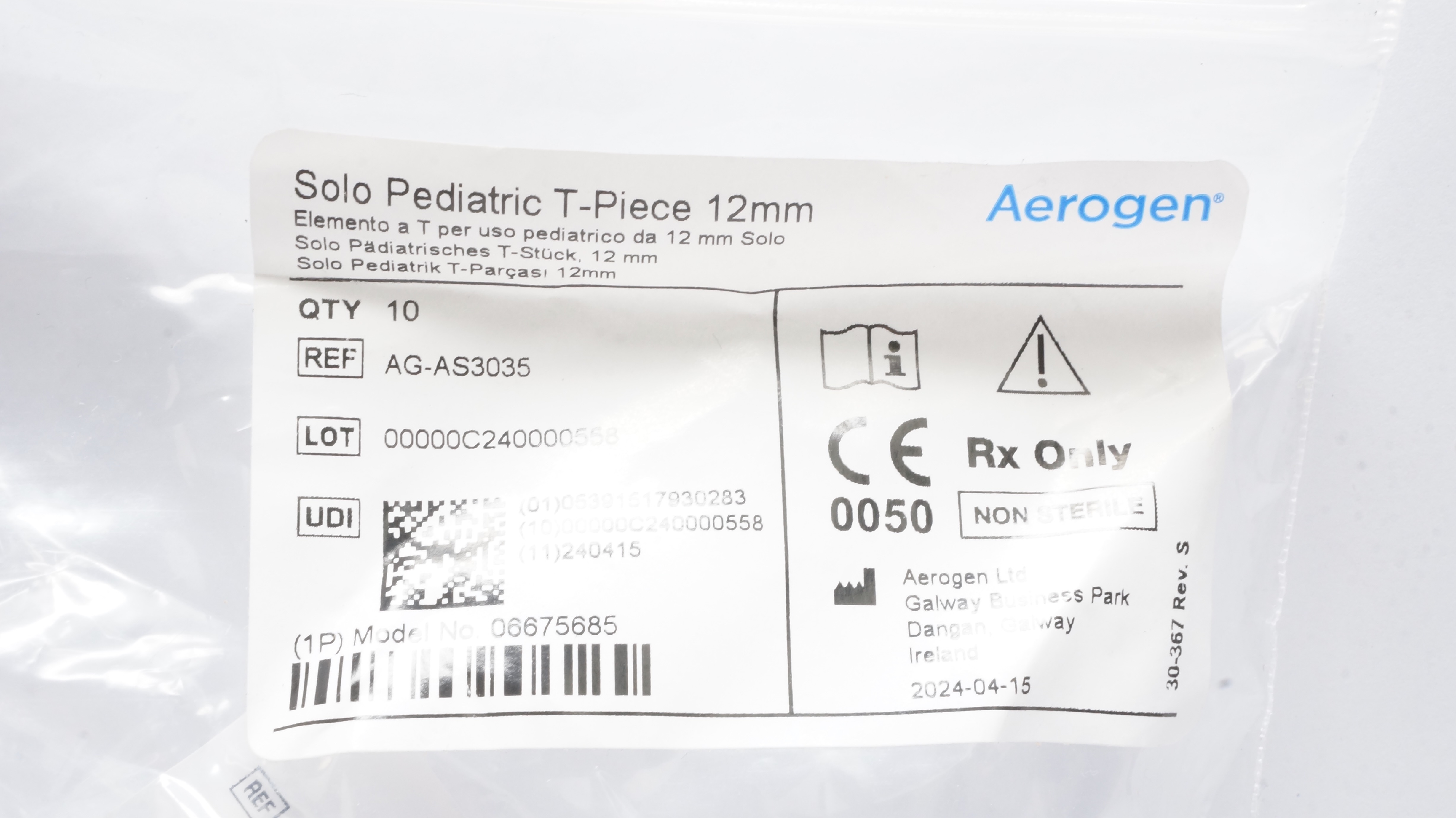 Aerogen AG-AS3035 Solo Pediatric T-Piece 12mm - Pack of 10
