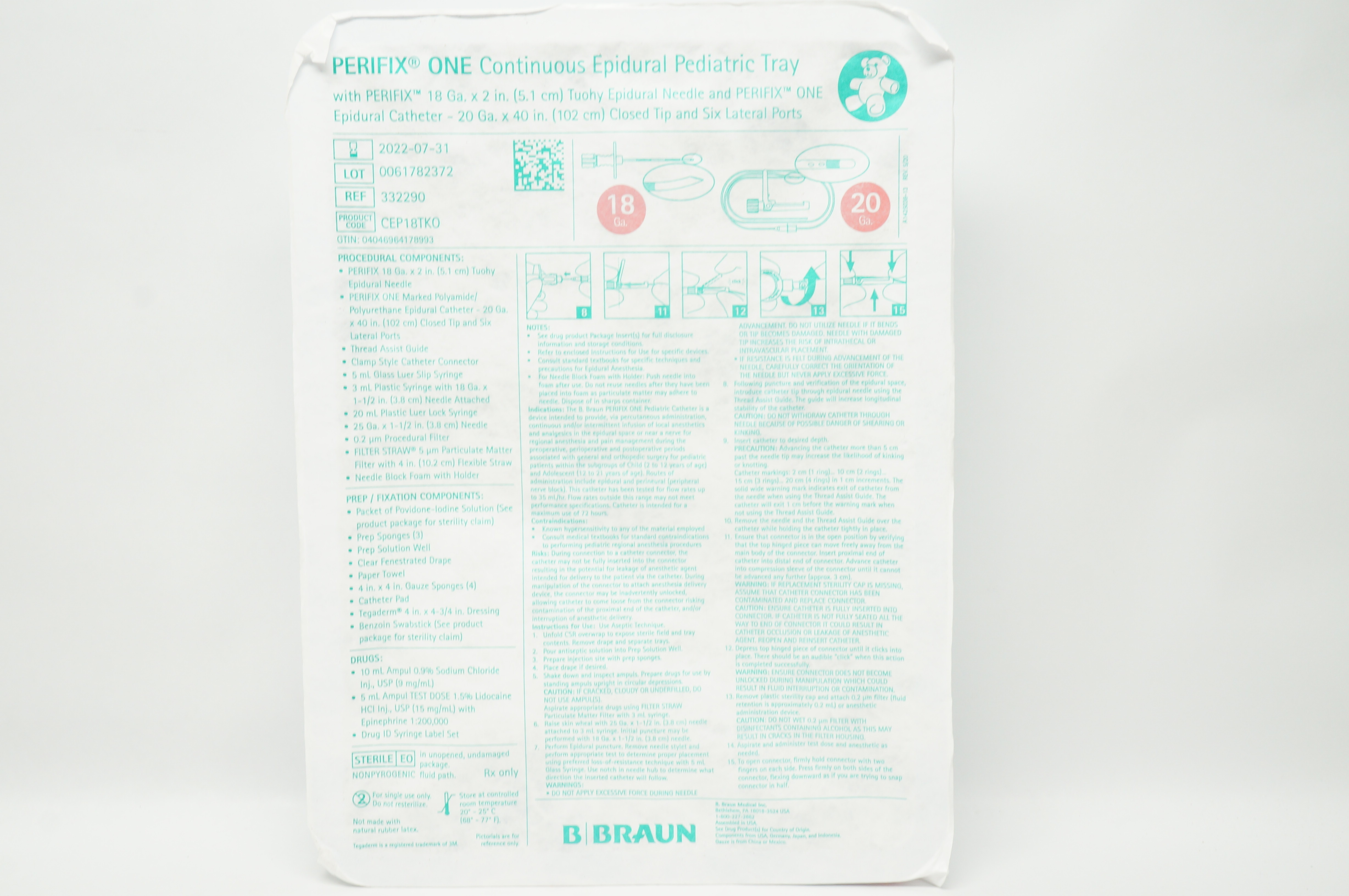B.Braun 332290 Perifix One Continuous Epidural Pediatric Tray 20Ga x 40inch (x)