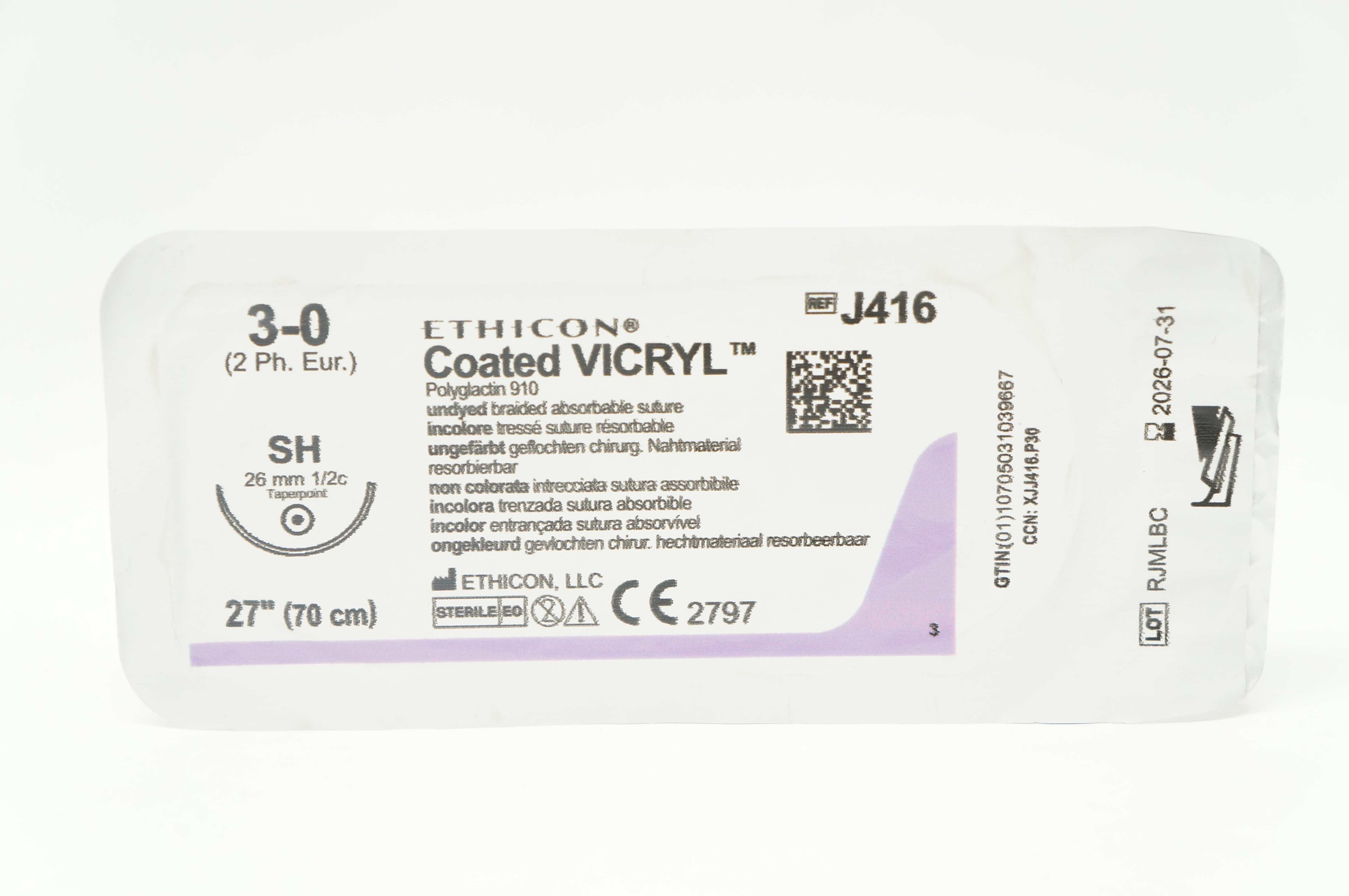 Ethicon J416 3-0 Coated VICRYL, SH 26mm 1/2c Taper, 27inch