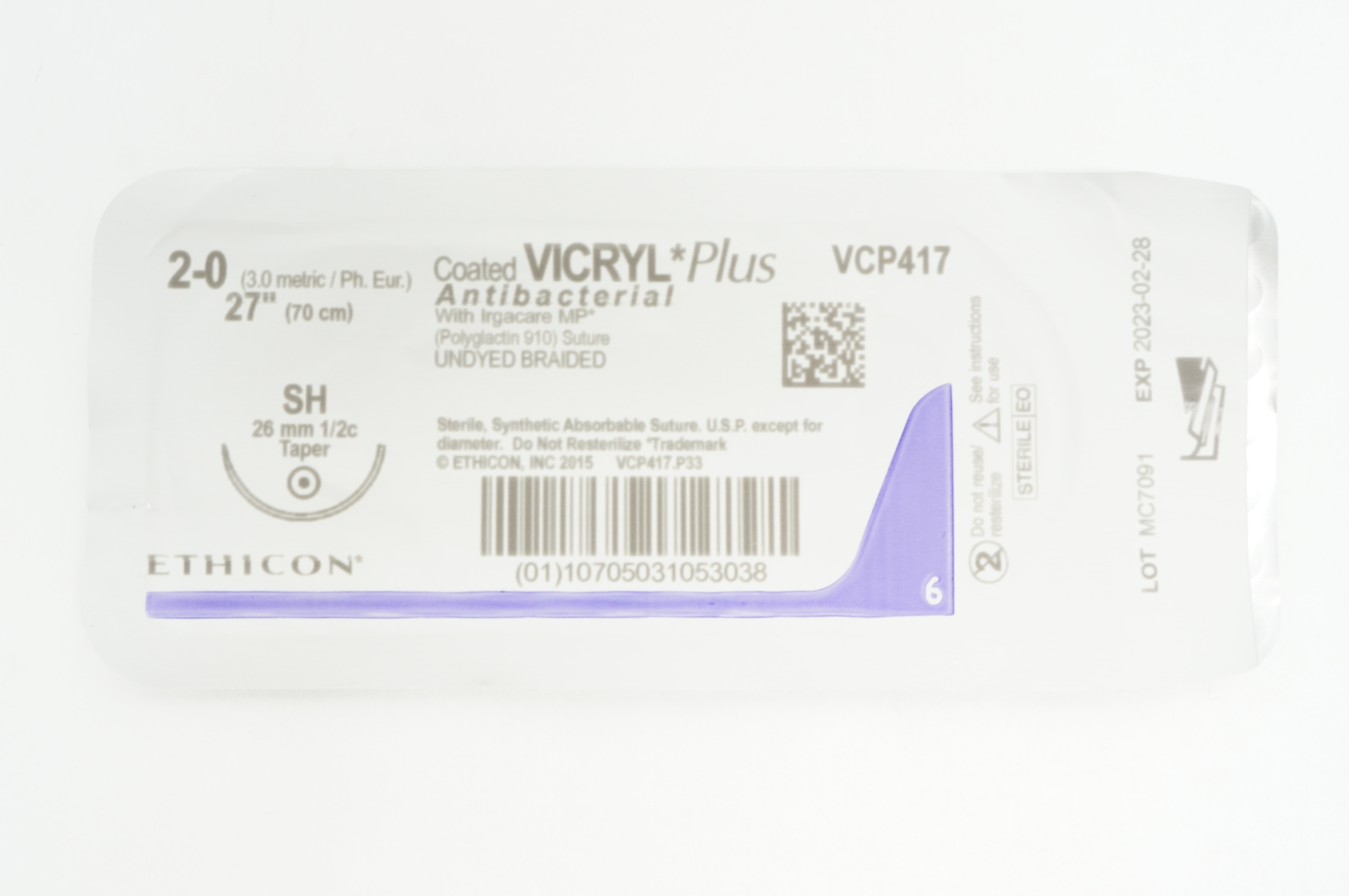 Ethicon VCP417 2-0 Coated VICRYL Plus Stre SH 26mm 1/2c Taper, 27 inch