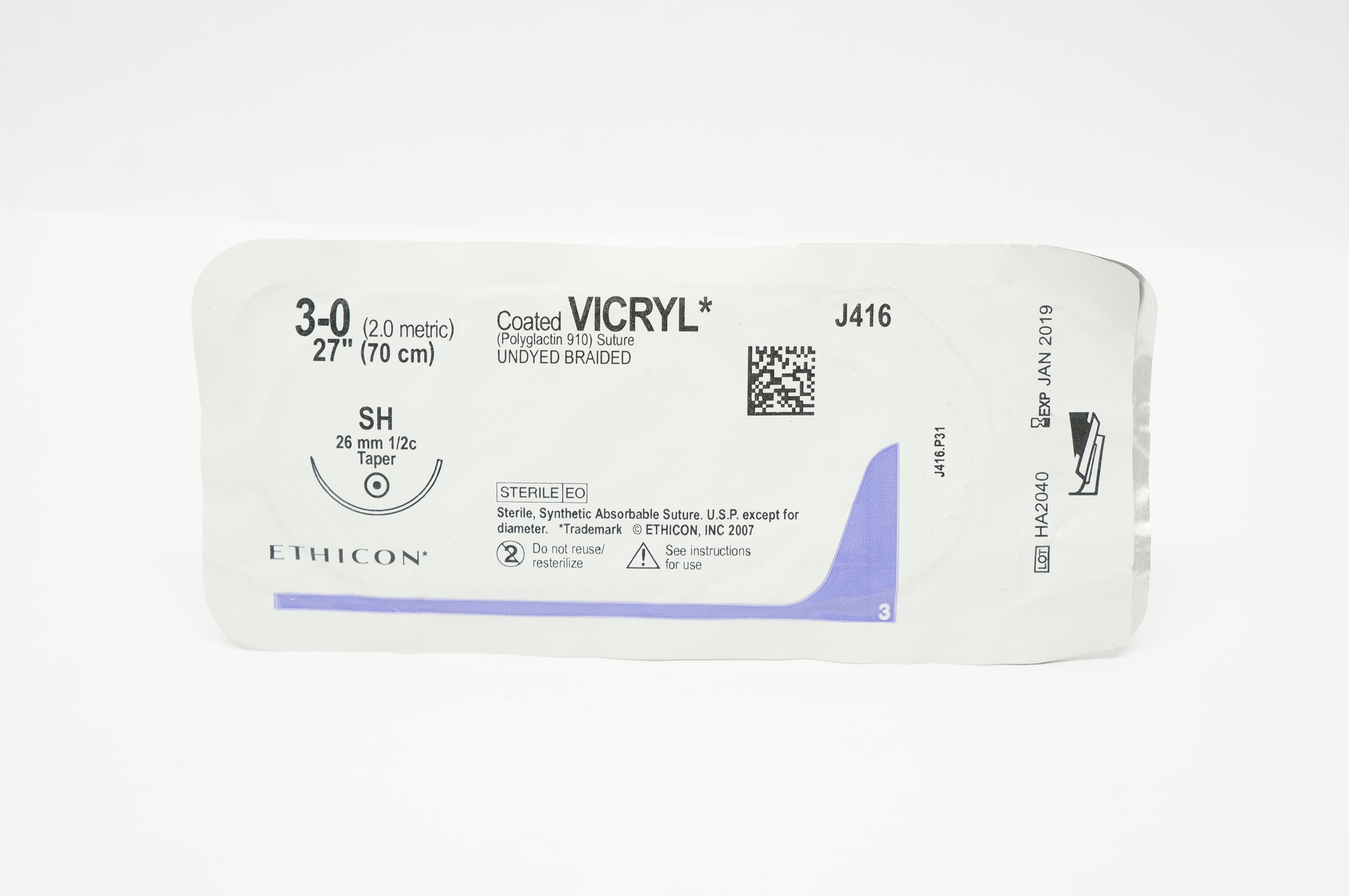 Ethicon J416 3-0 Coated Vicryl Polyglactin Stre SH 26mm 1/2c Taper, 27inch (x)