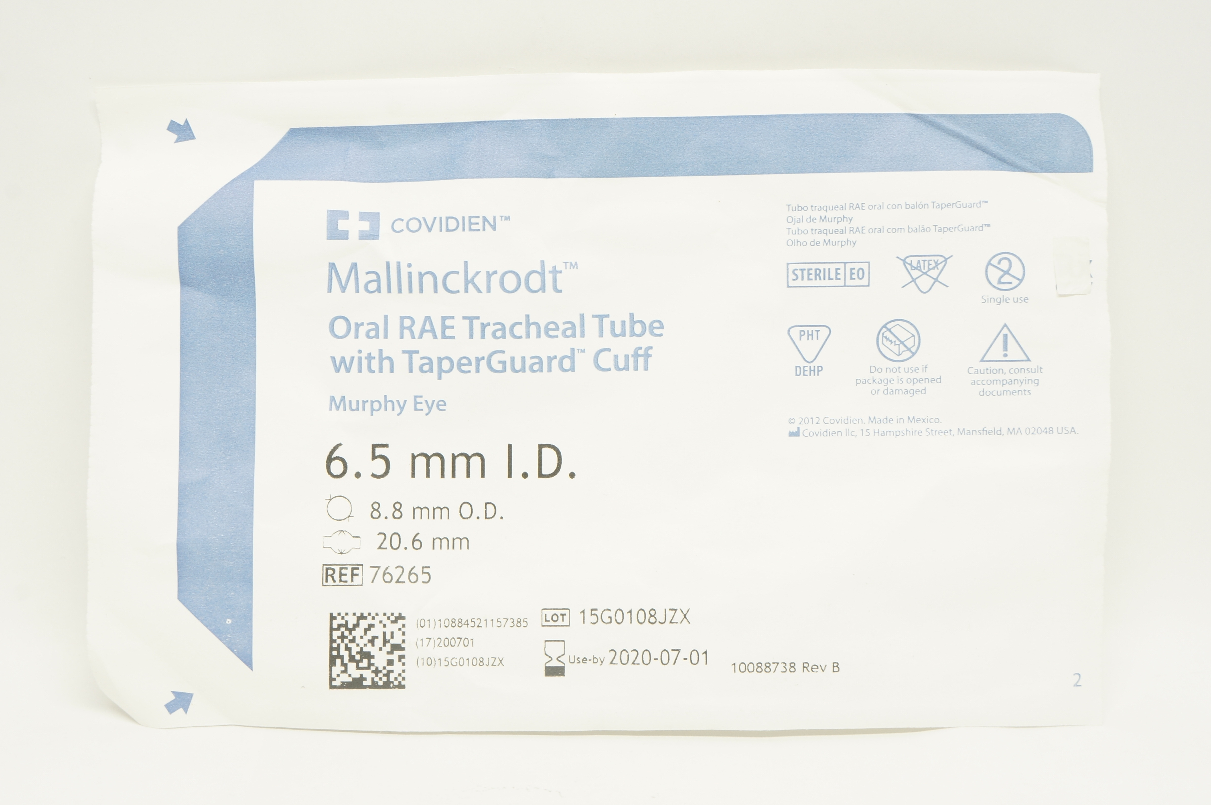 Covidien 76265 Mallinckrodt Oral RAE Tracheal Tube with Cuff  6.5 x 8.8mm (x)