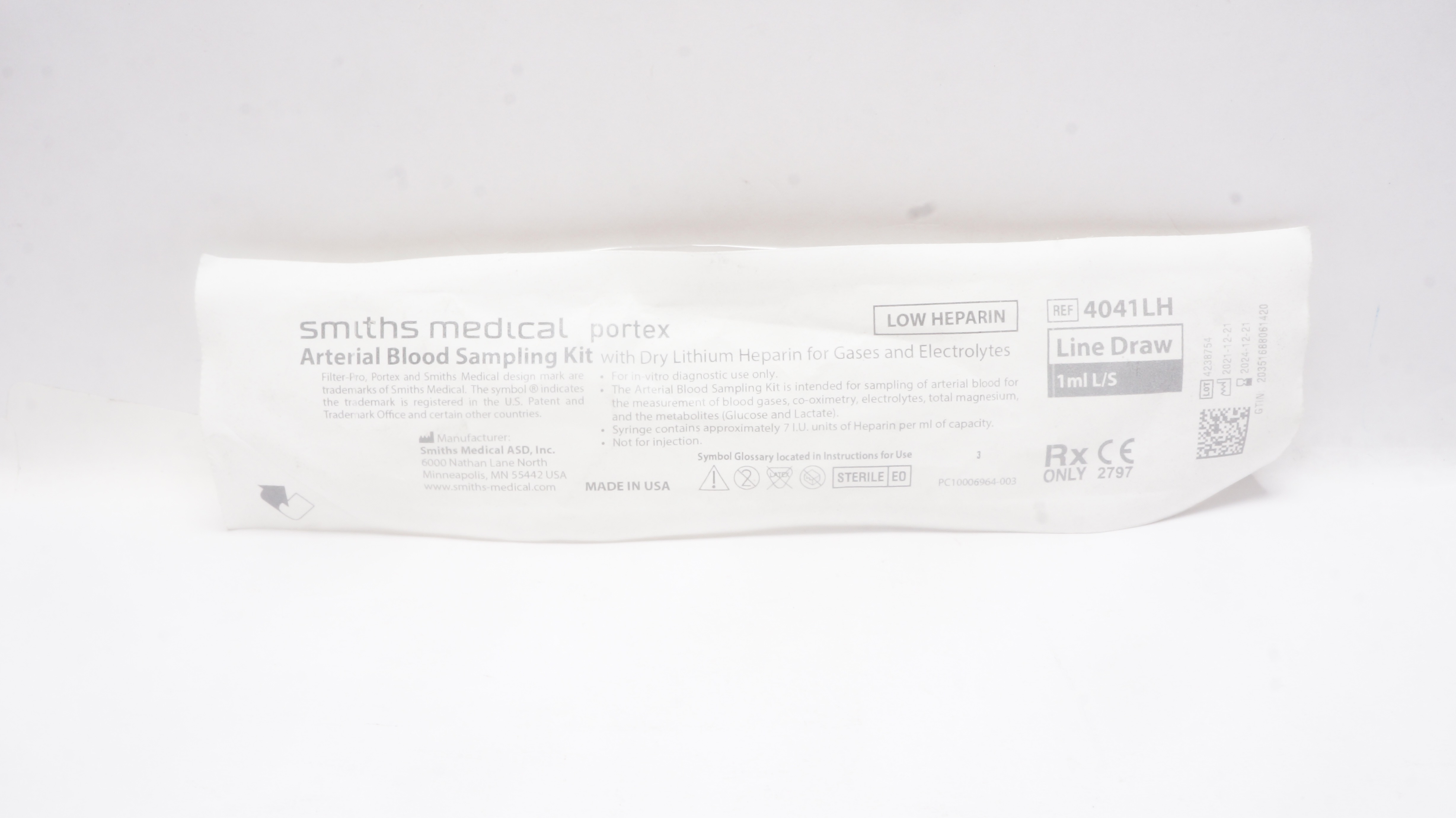 Smiths Medical 4041LH Portex Arterial Blood Sampling Kit w/ Dry Lithium Heparin