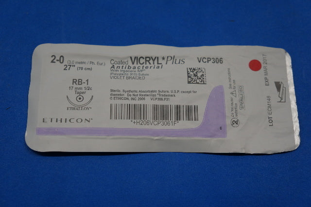 Ethicon VCP306 2-0 VICRYL Plus, RB-1 17mm 1/2c Taper, Antibacterial, 27