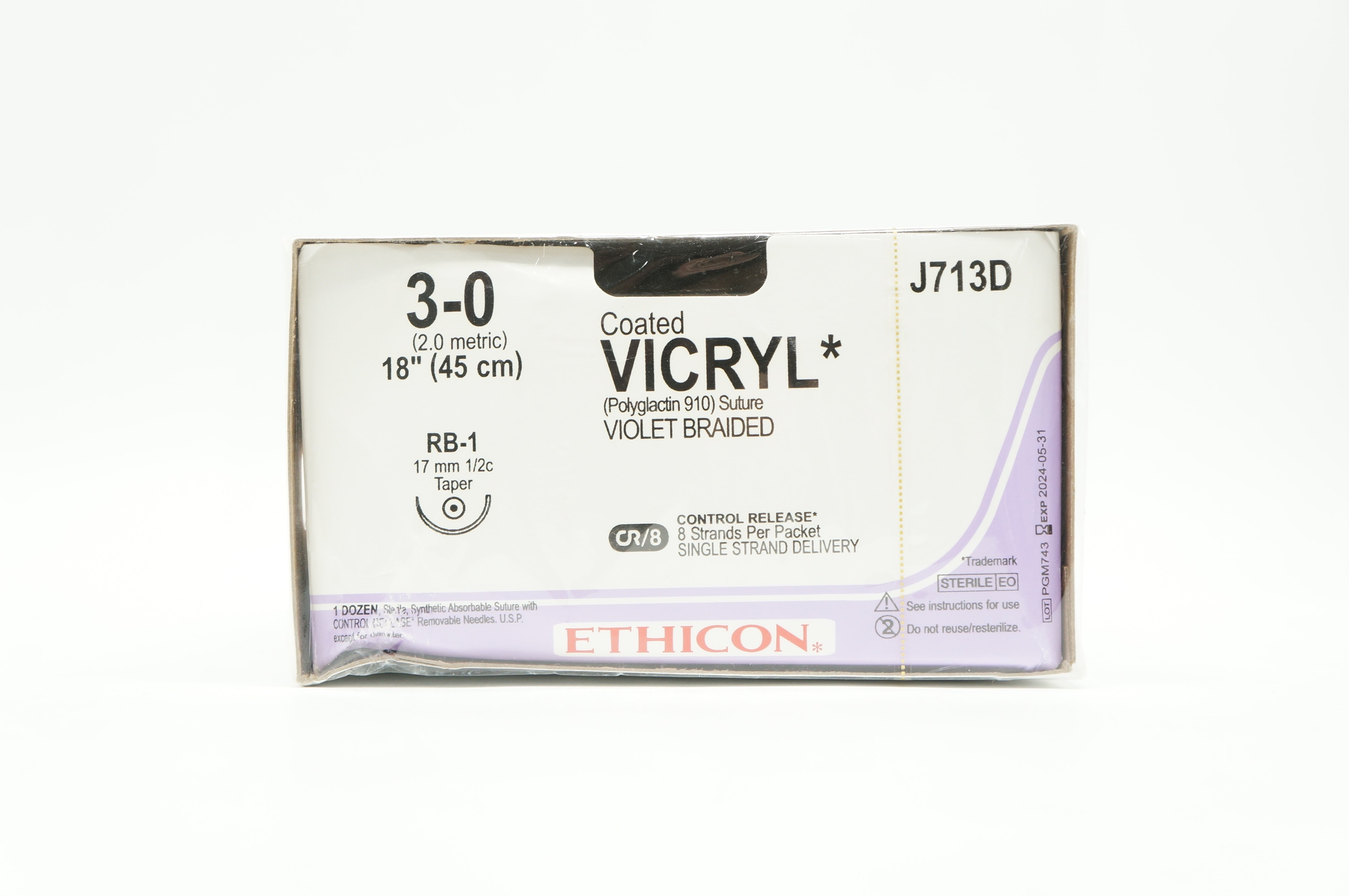 Ethicon J713D 3-0 VICRYL RB-1 17mm 1/2c Taper 18 in CR/8 - Box of 12