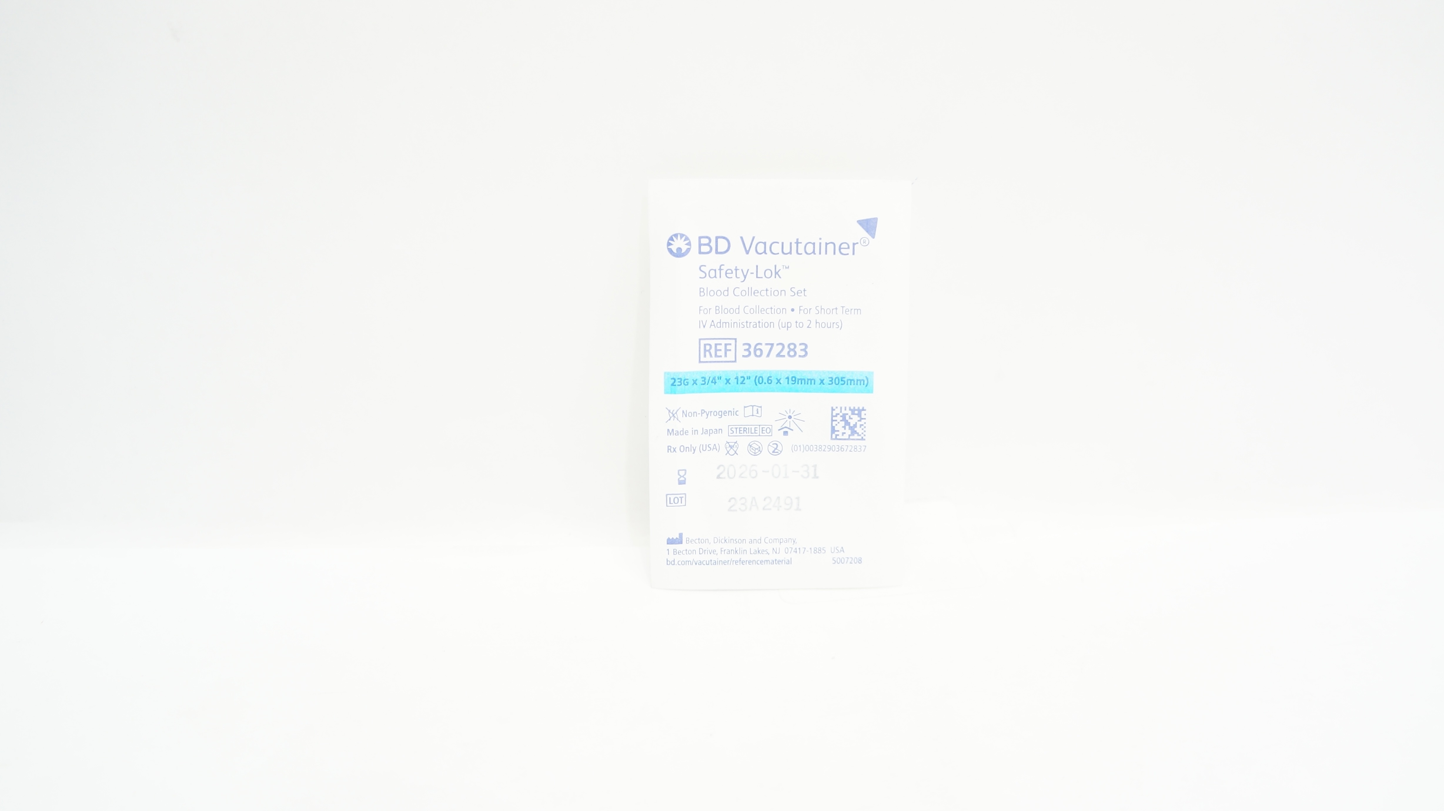 BD 367283 Vacutainer Safety-Lok Blood Collection Set 23G x 3/4inch x 12inch