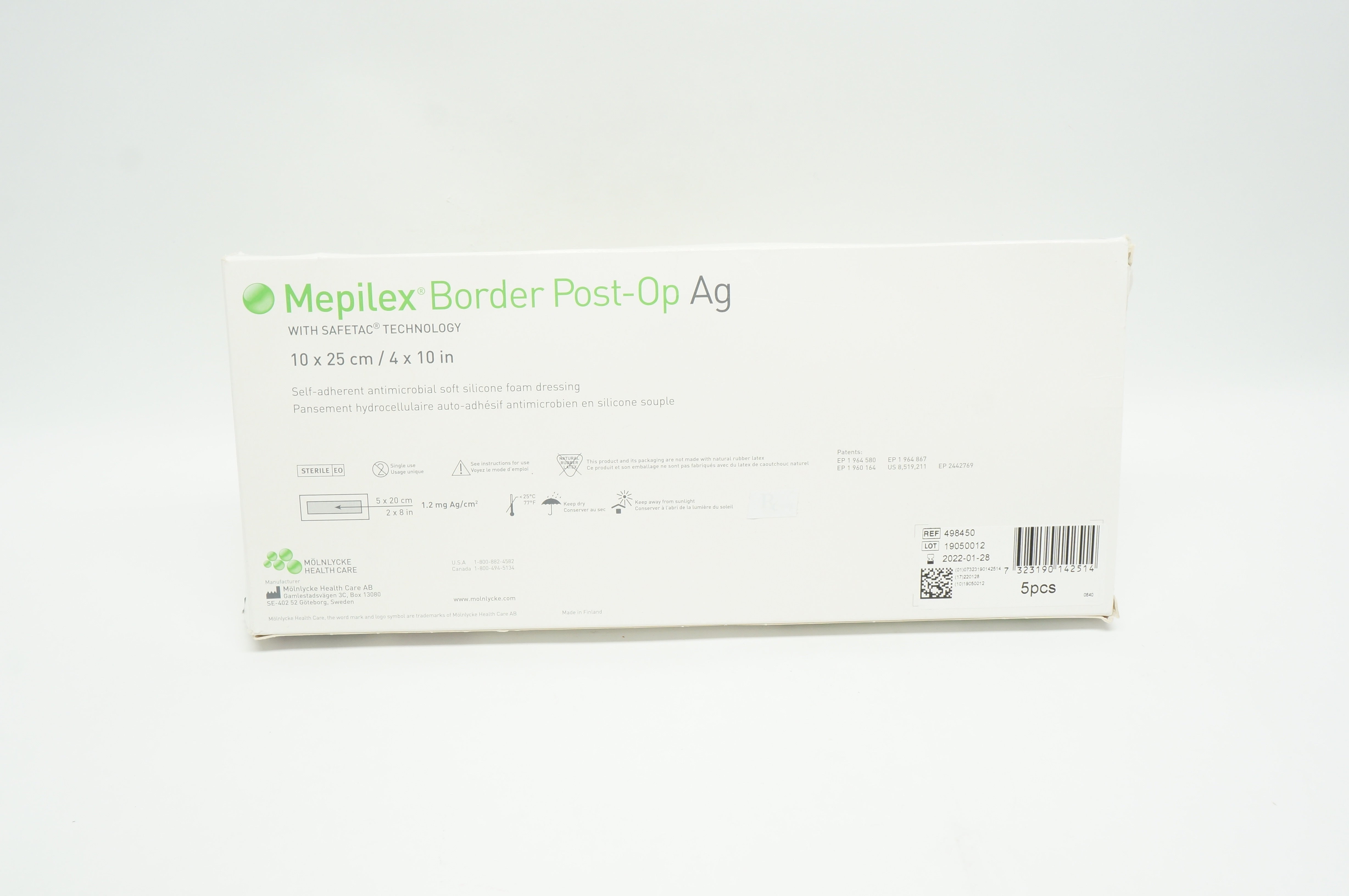 Molnlycke Health Care 498450 Mepilex Border Post-On Ag 4 x 10inch - Box of 2