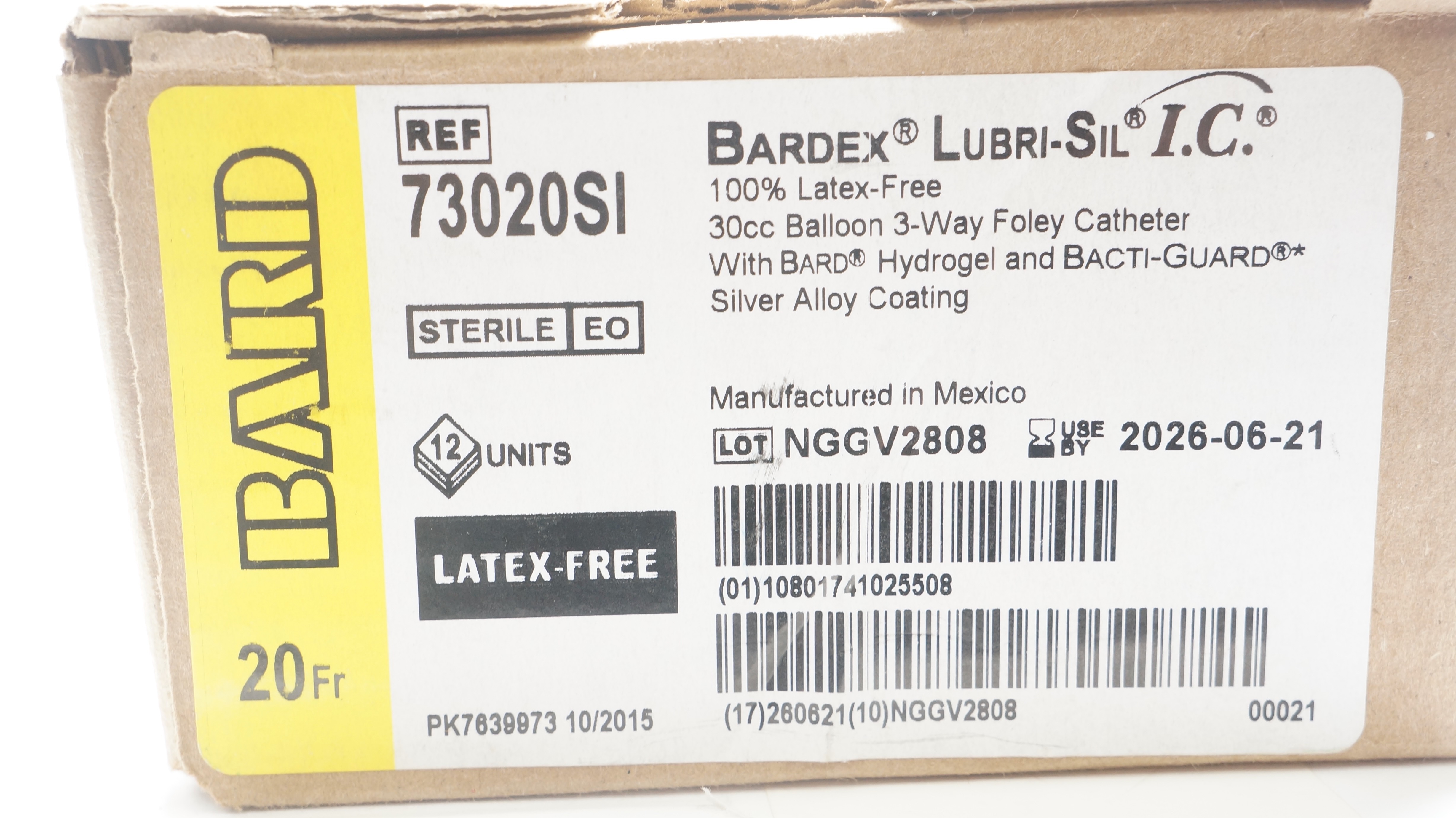 Bard 73020SI Bardex Lubri-Sil Foley Cath. 20 Fr. 30cc/mL Balloon - Box of 12