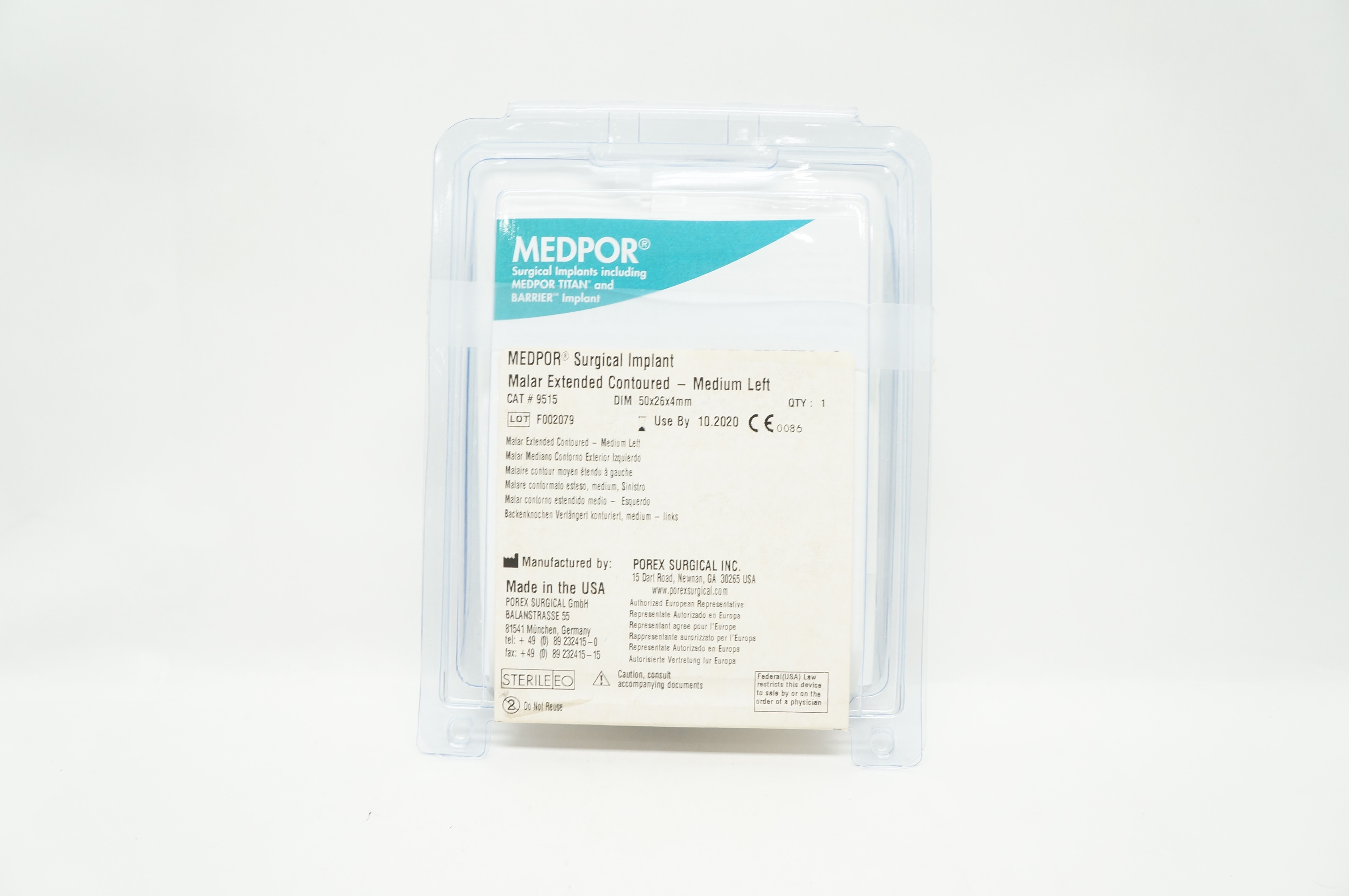 Porex 9515 MEDPOR Surgical Implant Malar - Medium Left 50 x 26 x 4mm (x)