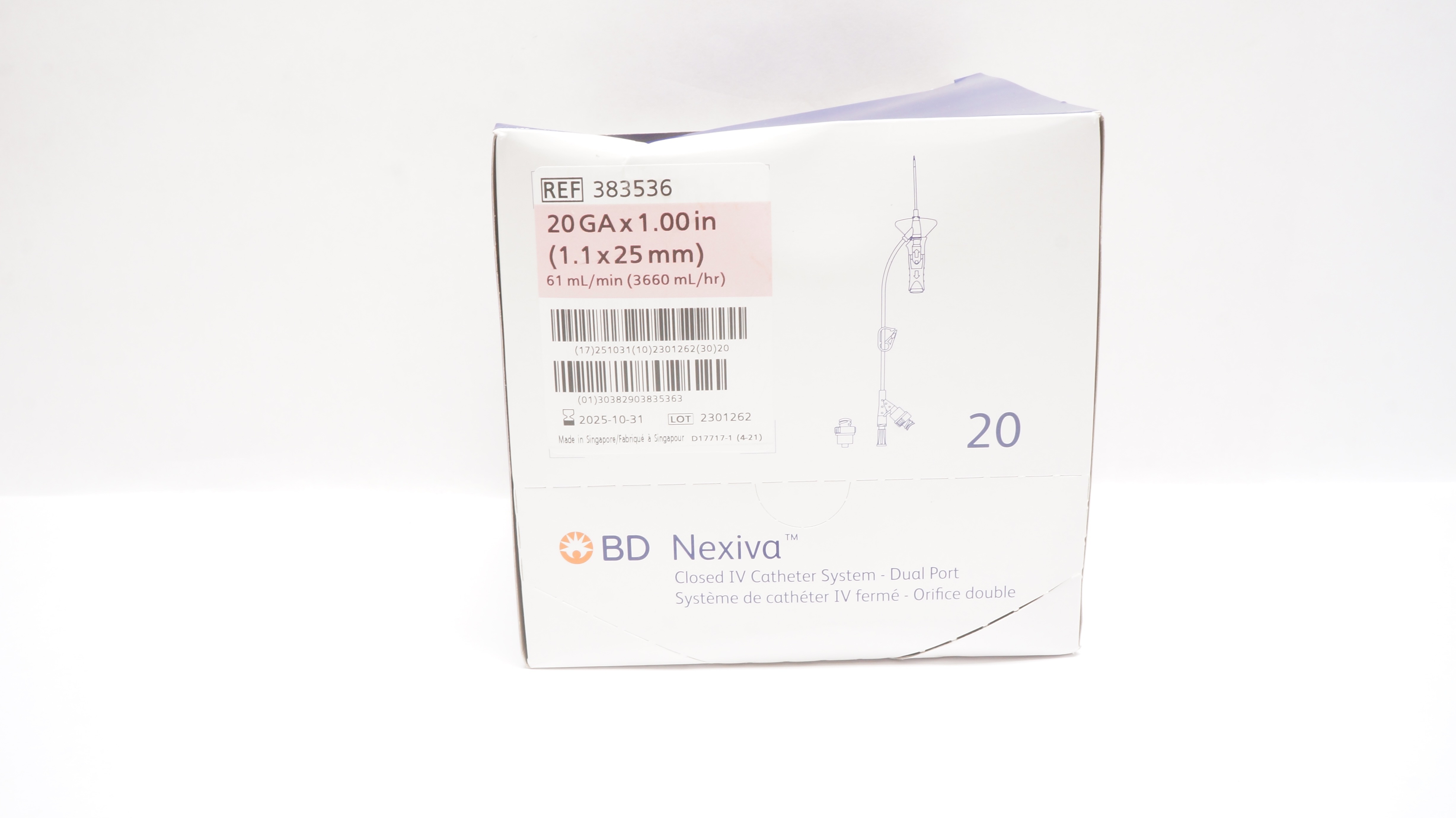 BD 383536 Nexiva Closed IV Cath. System 20Ga x 1.00inch 61mL/min - Box of 16