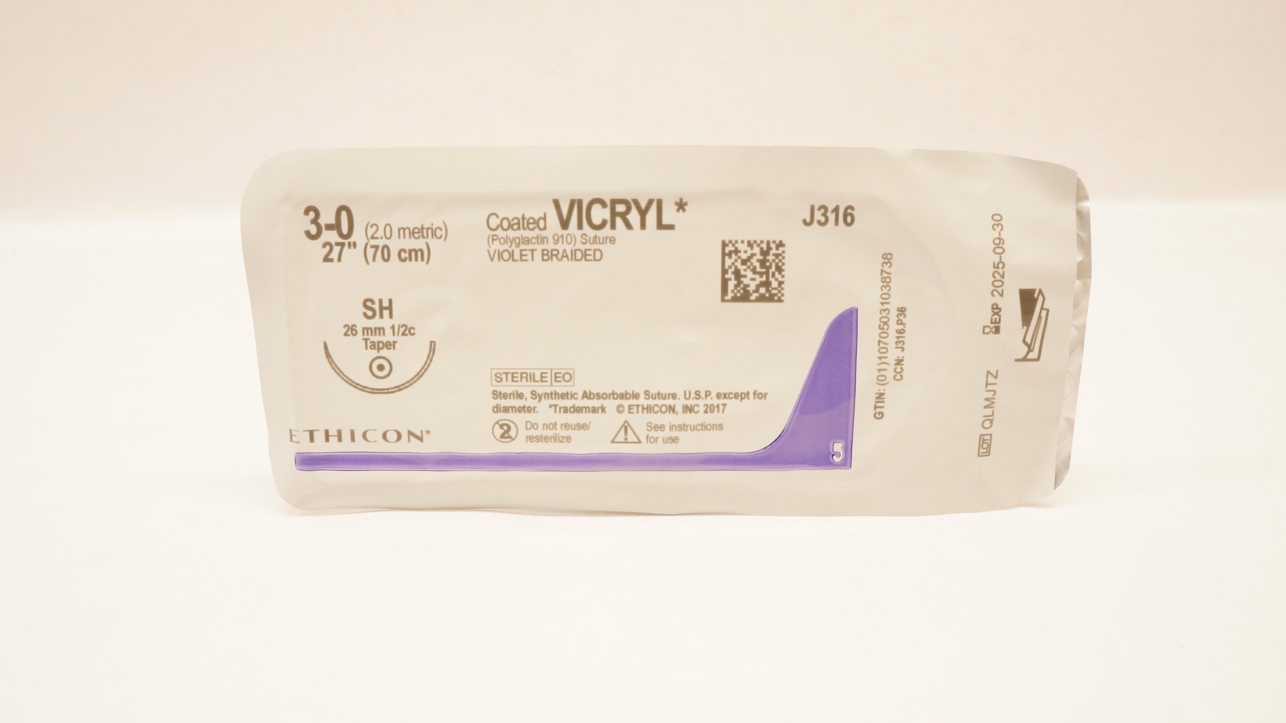 Ethicon J316 3-0 Coated VICRYL Polyglactin 910 Stre, SH 26mm 1/2c Taper, 27inch