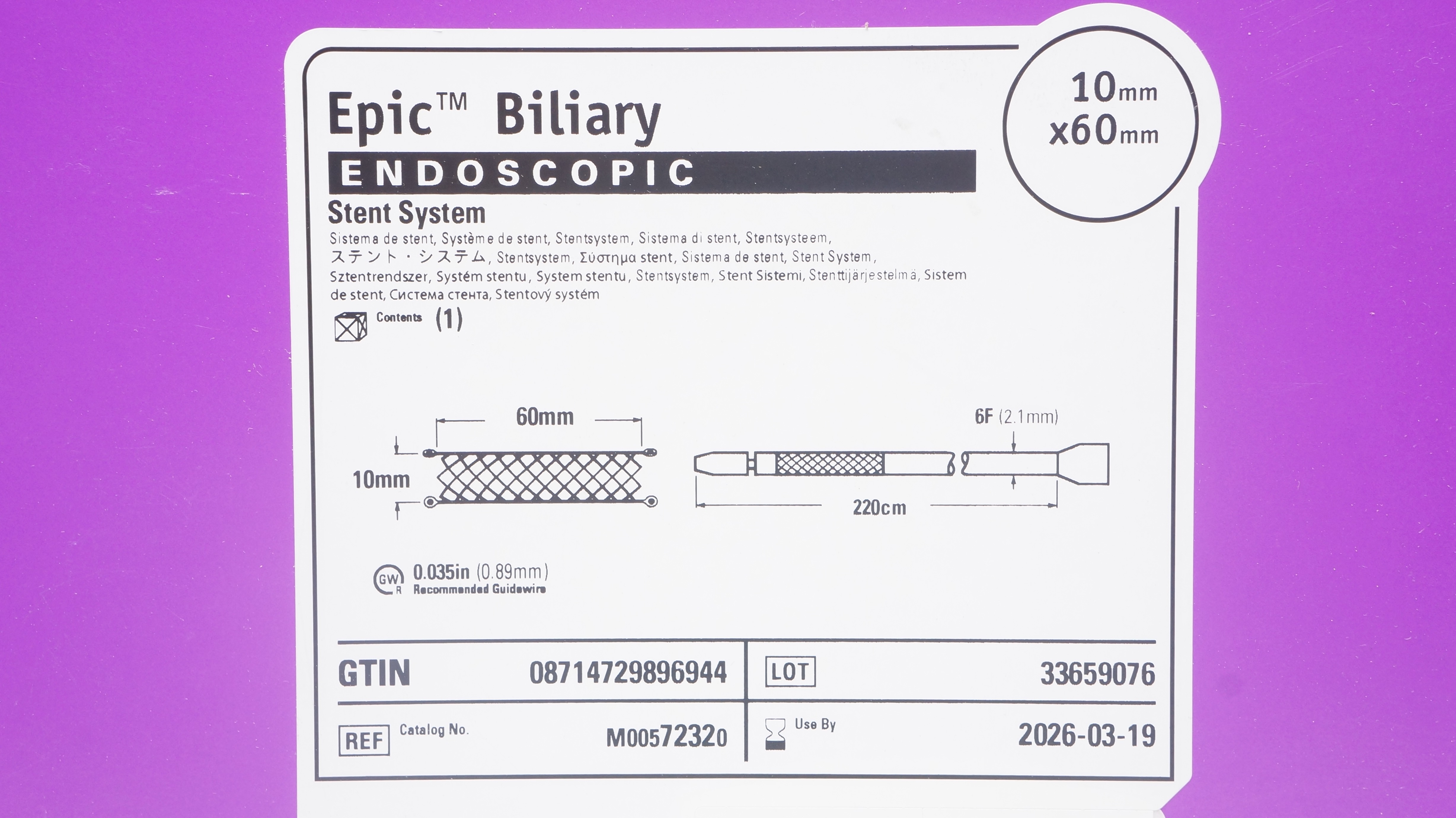 Boston Scientific M00572320 Epic Biliary Endoscopic Stnt System 10mm x 60mm