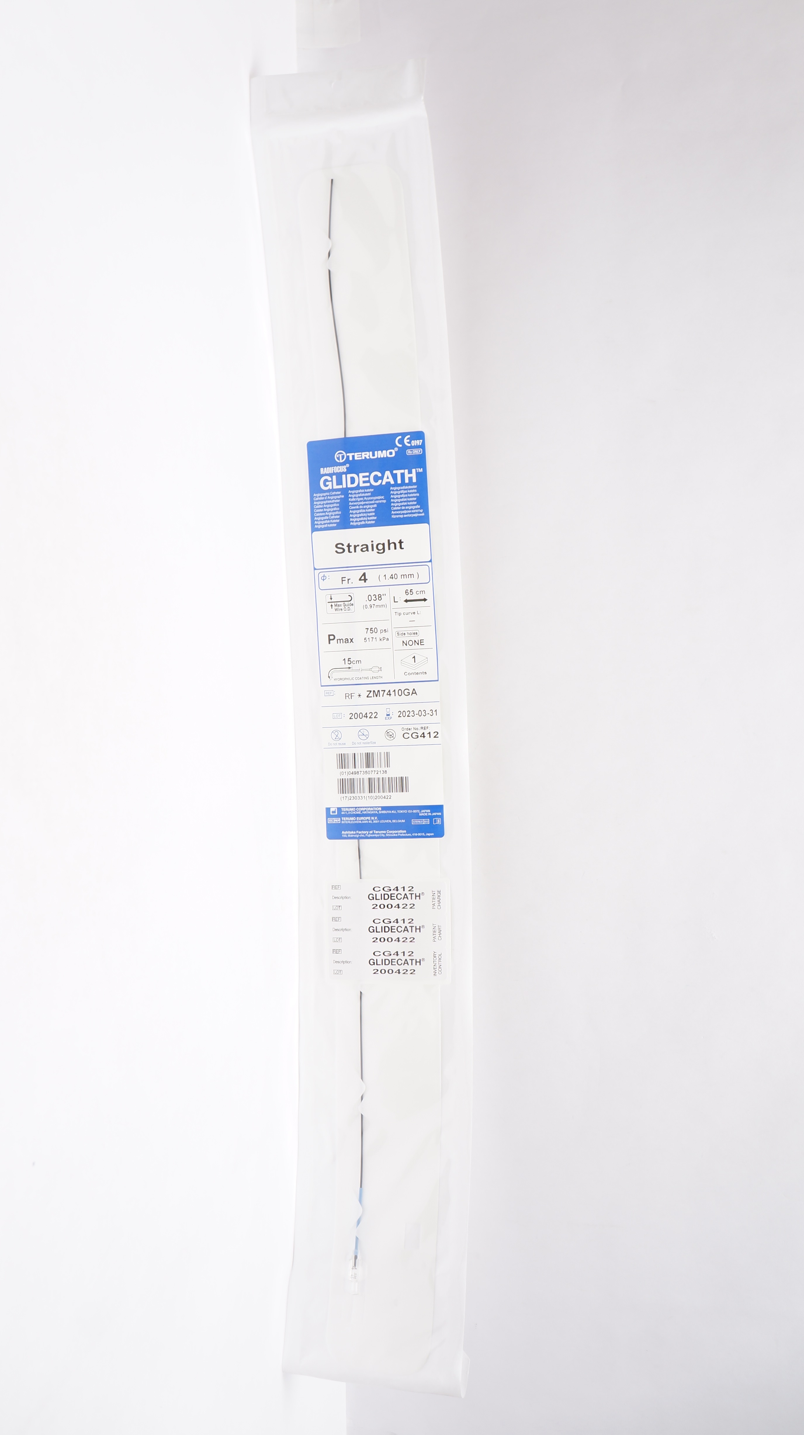 Terumo ZM7410GA Glidecath Straight Angiographic Cath. 4Fr x 65cm (x)