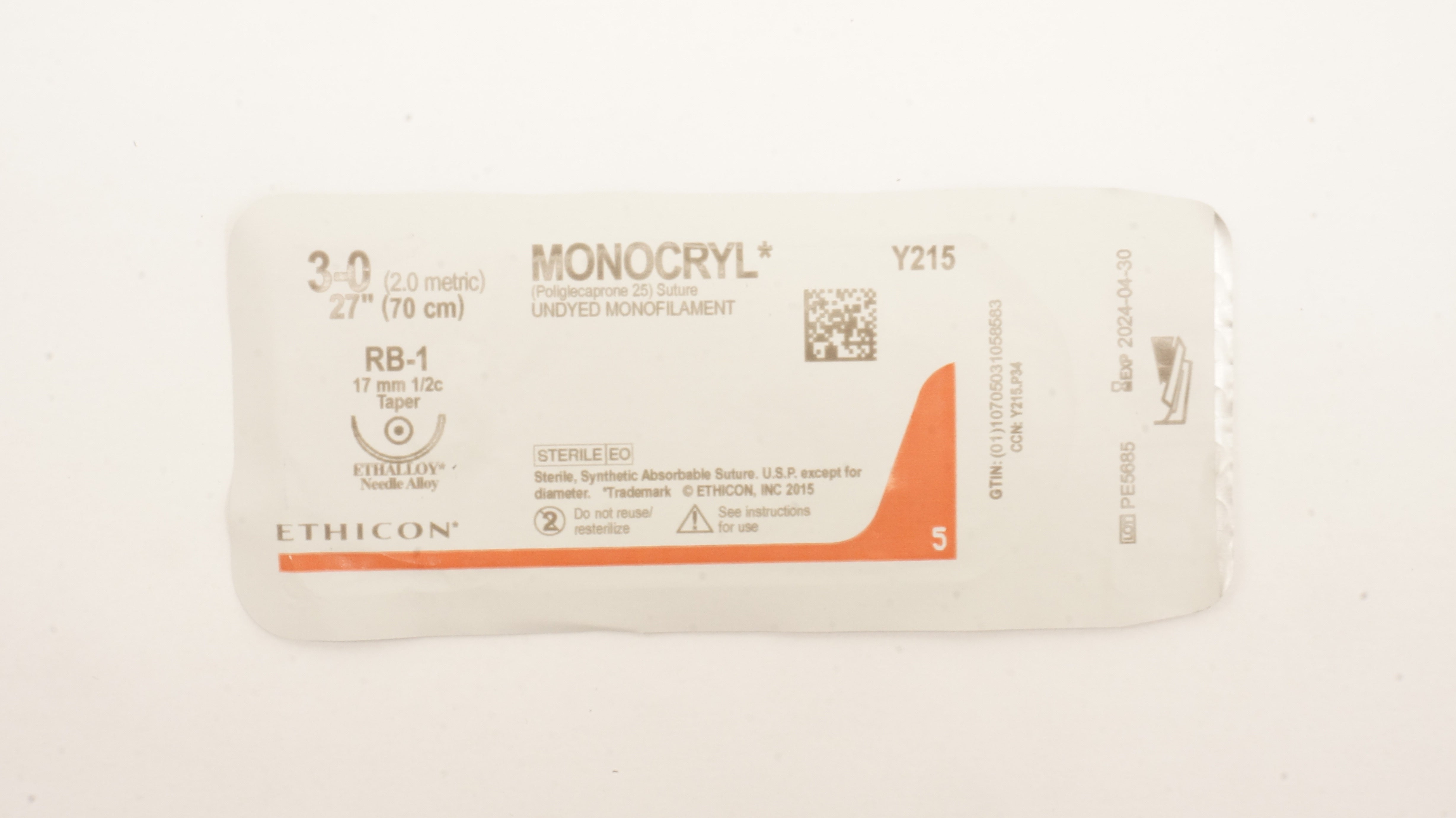 Ethicon Y215 3-0 MONOCRYL Poliglecaprone 25 Stre RB-1 17mm 1/2c Taper, 27 inch