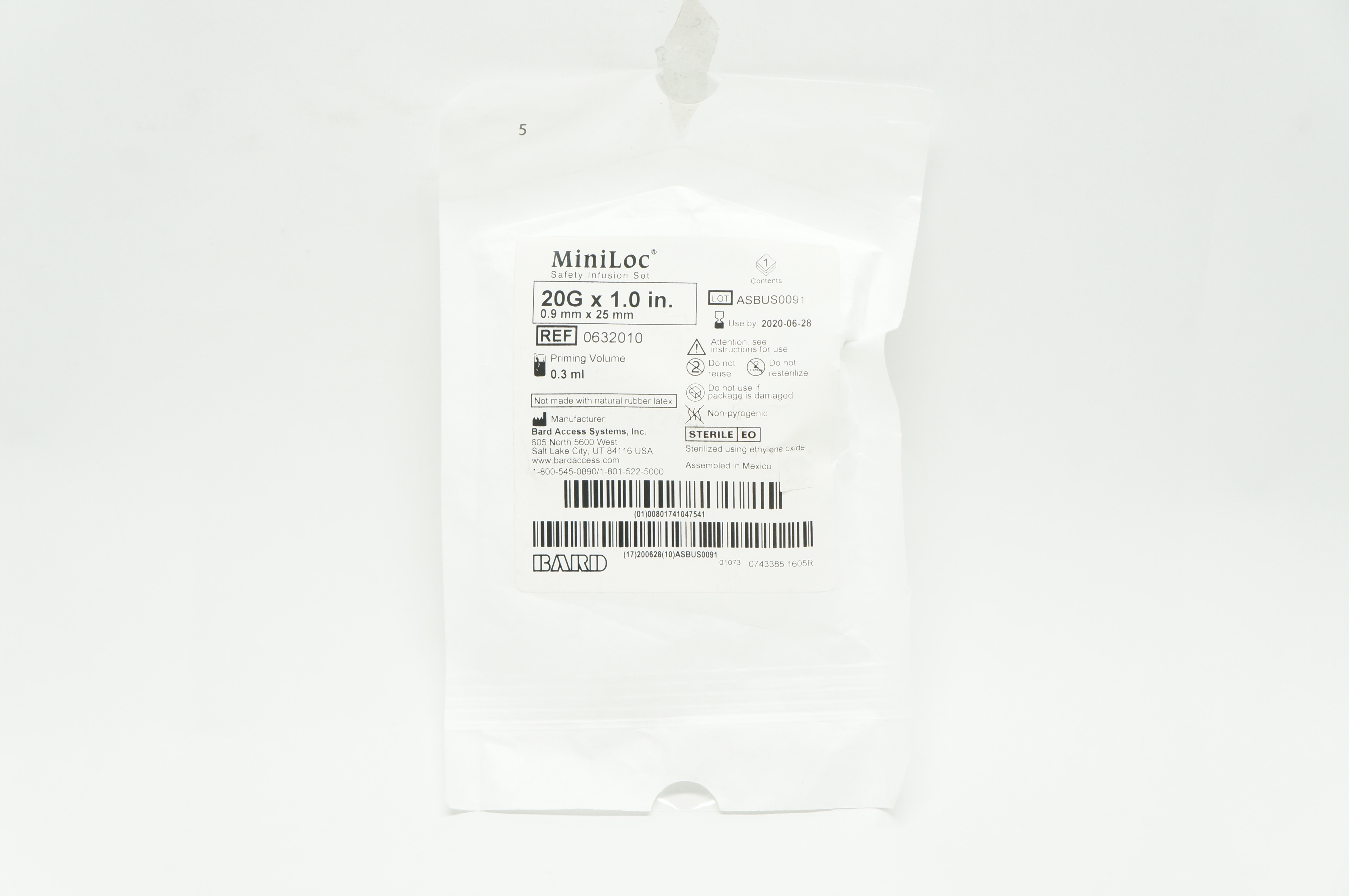 Bard 0632010 MiniLoc Safety Infusion Set 20G x 1.0inch (x)