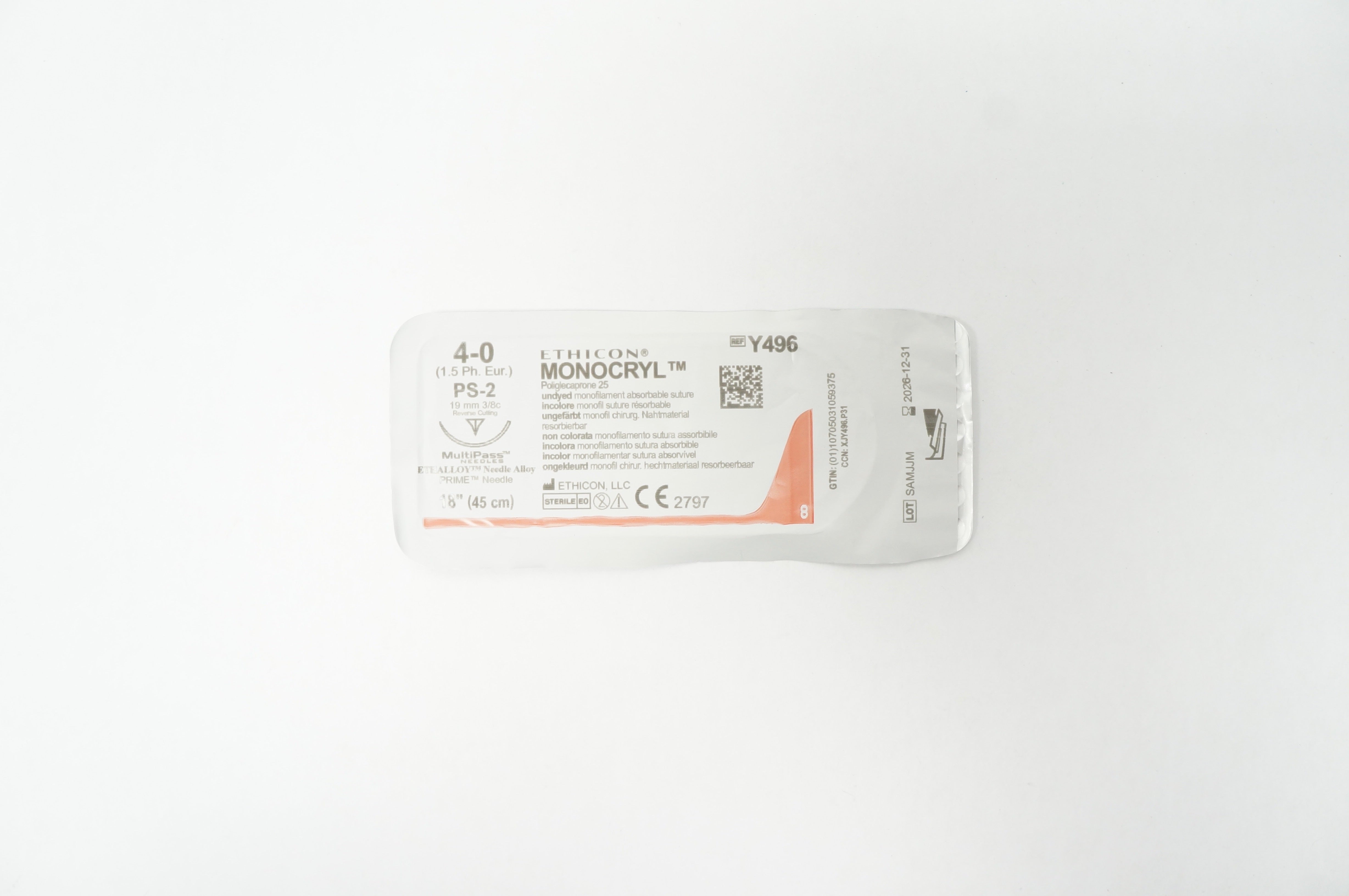Ethicon Y496 4-0 Monocryl Undyed Stre PS-2 19mm 3/8c Reverse Cutting 18 inch