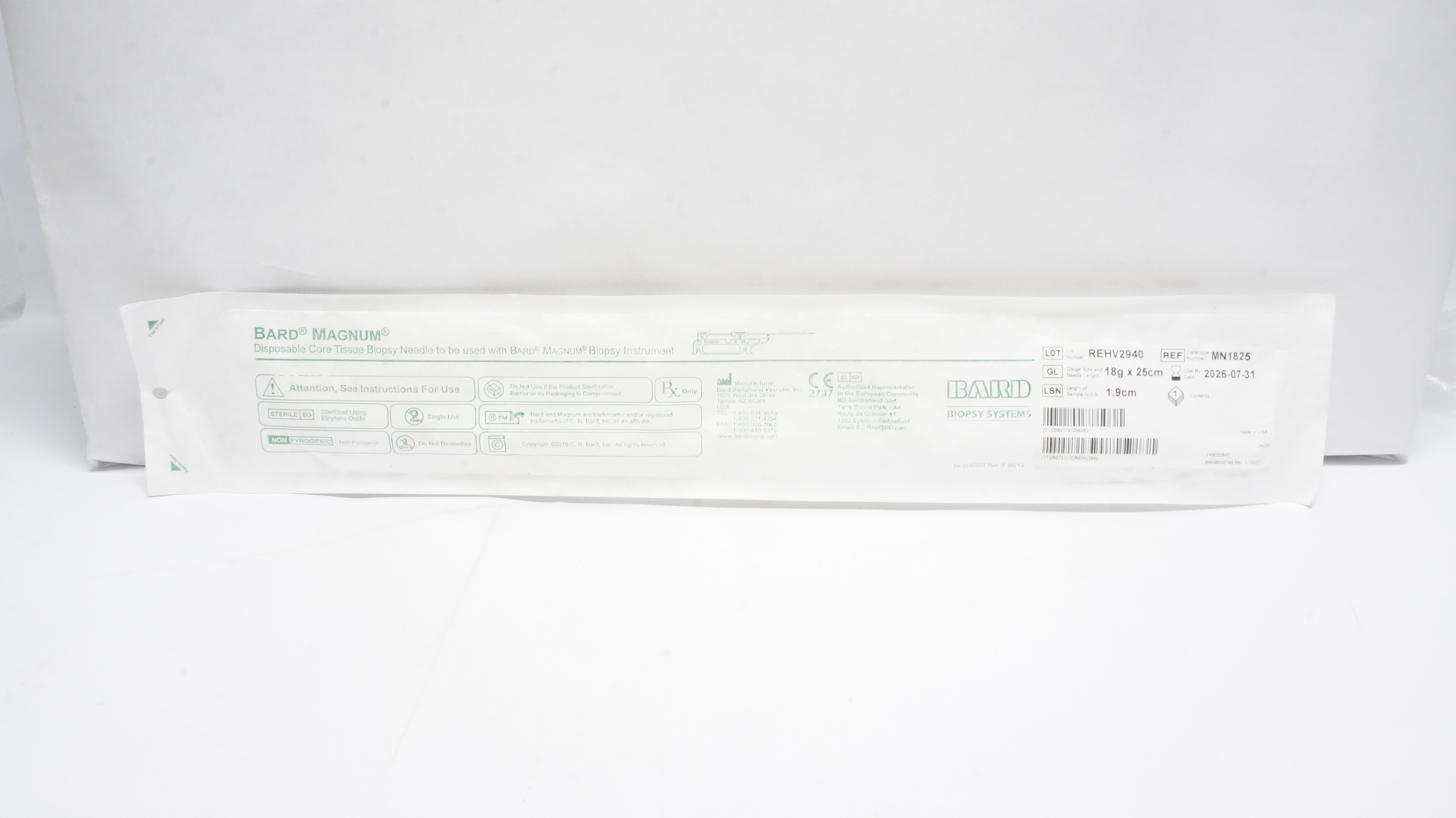 Bard MN1825 Magnum Disposable Core Tissue Biopsy Needle 18g x 25cm