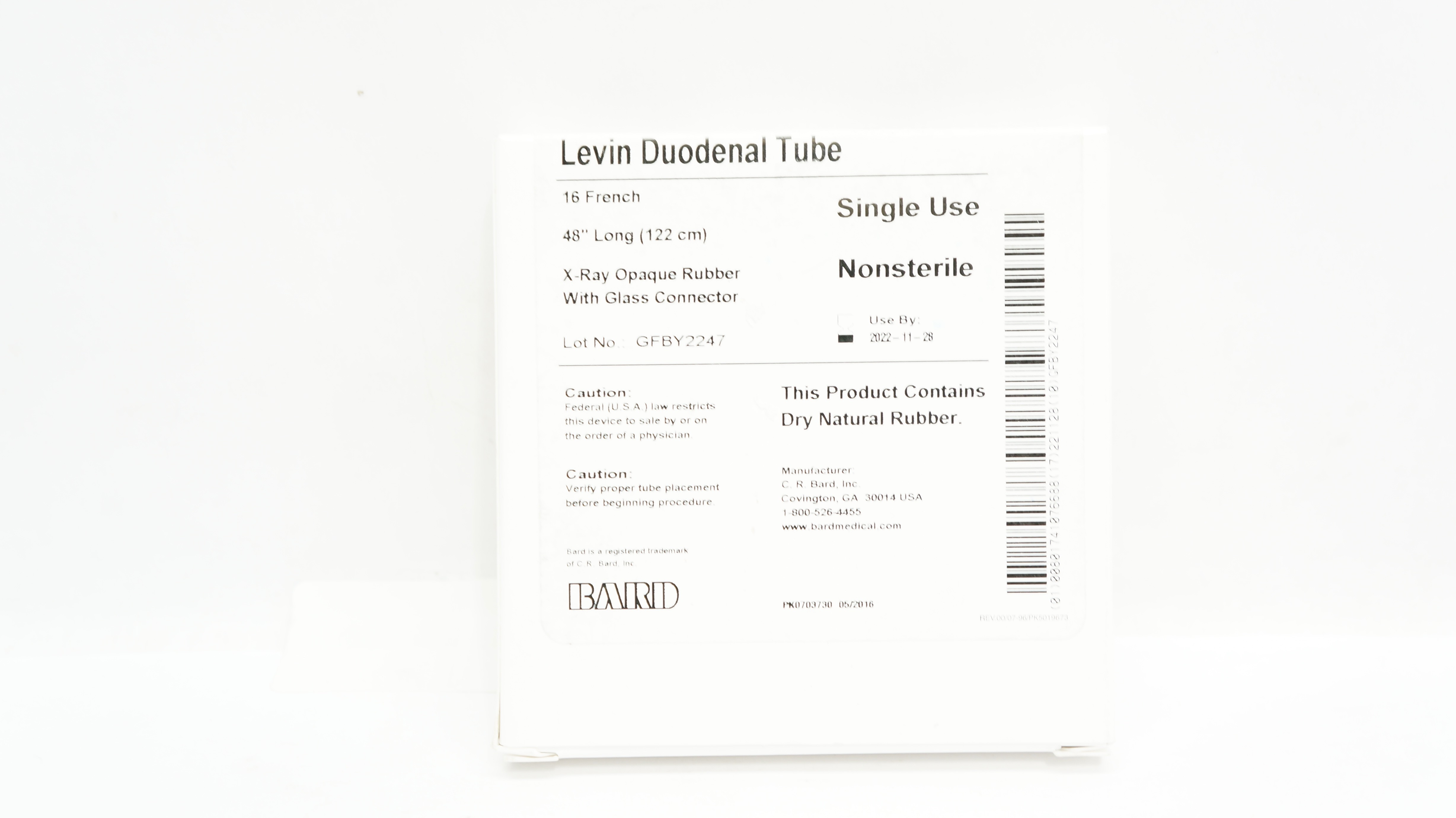 Bard 0005530 Levin Duodenal Tube 16Fr x 48inch X-Ray Opaque Rubber w/Connector