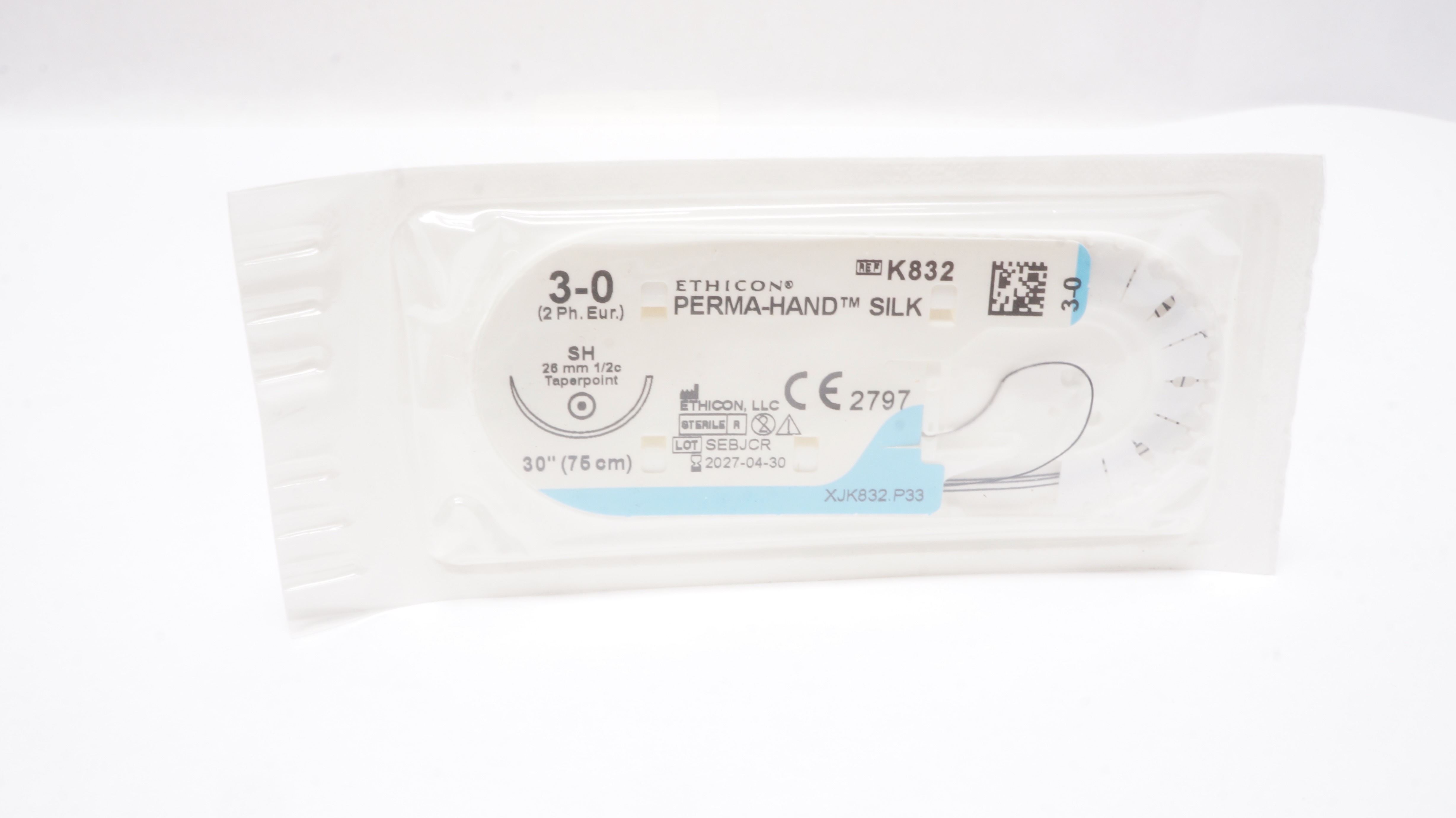 Ethicon K832 3-0 PERMA-HAND SILK Stre SH 26mm 1/2c Taperpoint, 30inch