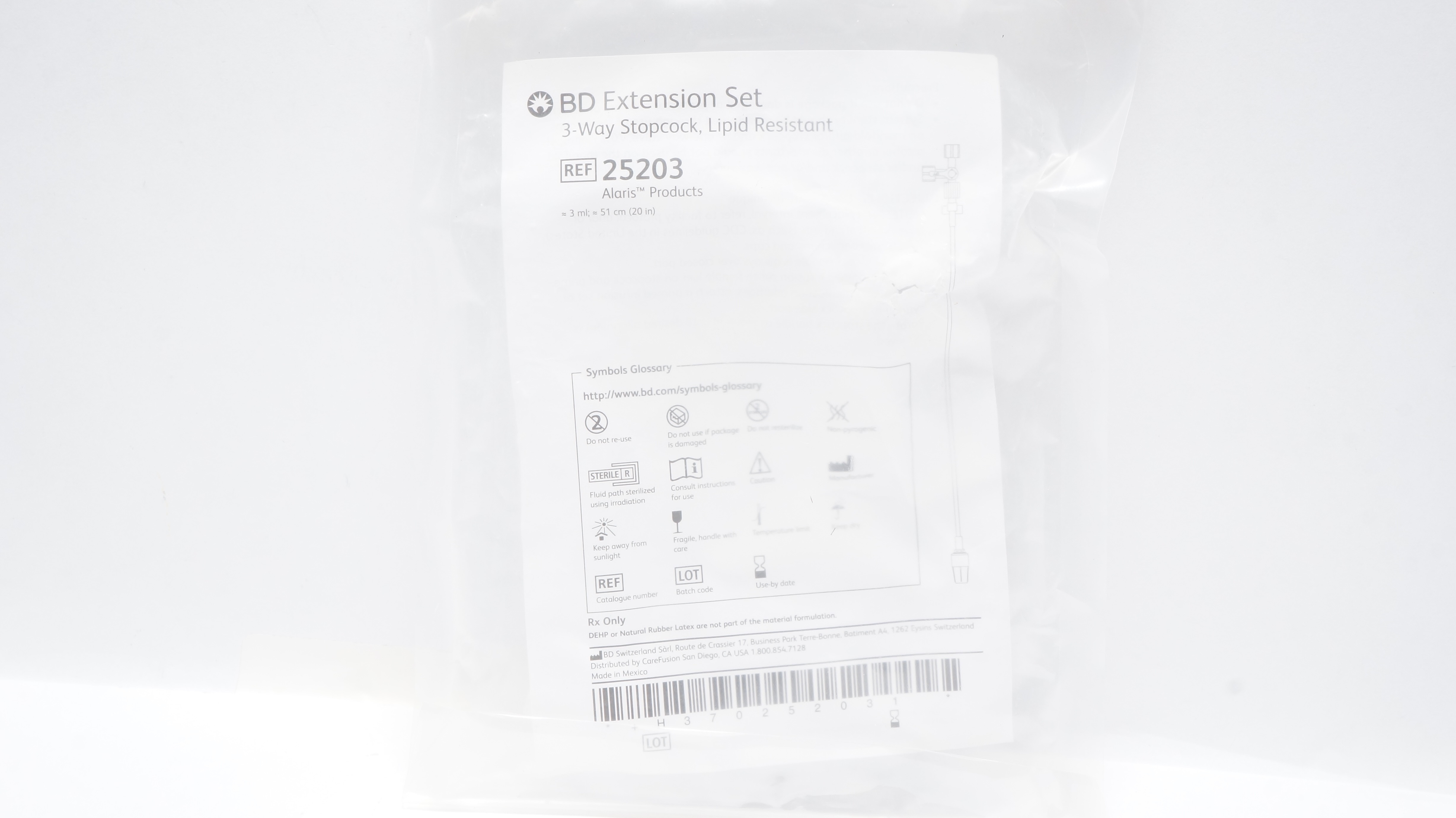 BD 25203 Alaris Extension Set 3-Way Stopcock, Lipid Resistant 3ml x 20inch