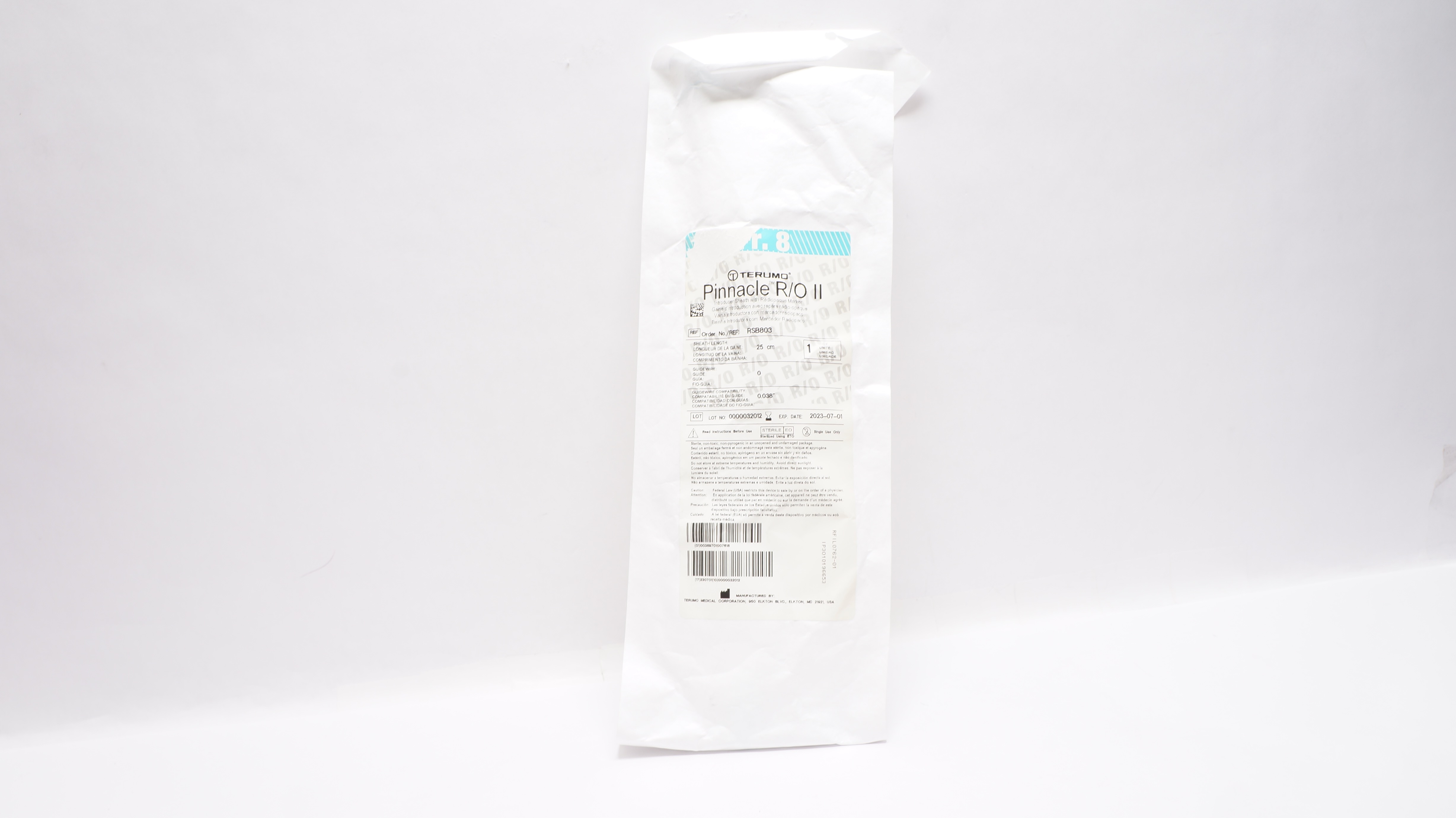 Terumo RSB803 Pinnacle R/O II Introducer Sheath 8 Fr x 25 cm x 0.038 inch (x)