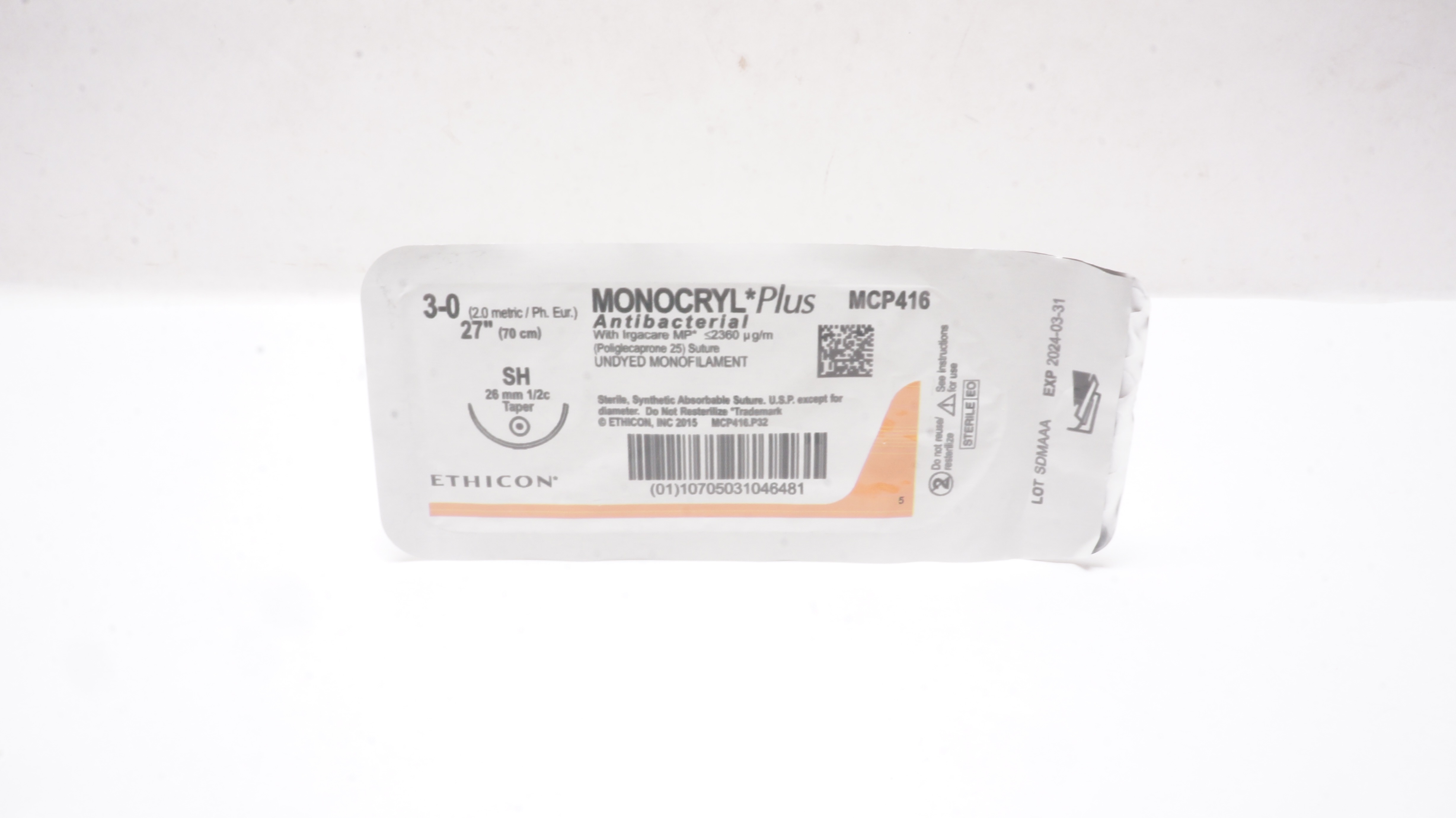 Ethicon MCP416 3-0 MONOCRYL Plus Stre SH 26mm 1/2c Taper 27inch (x)
