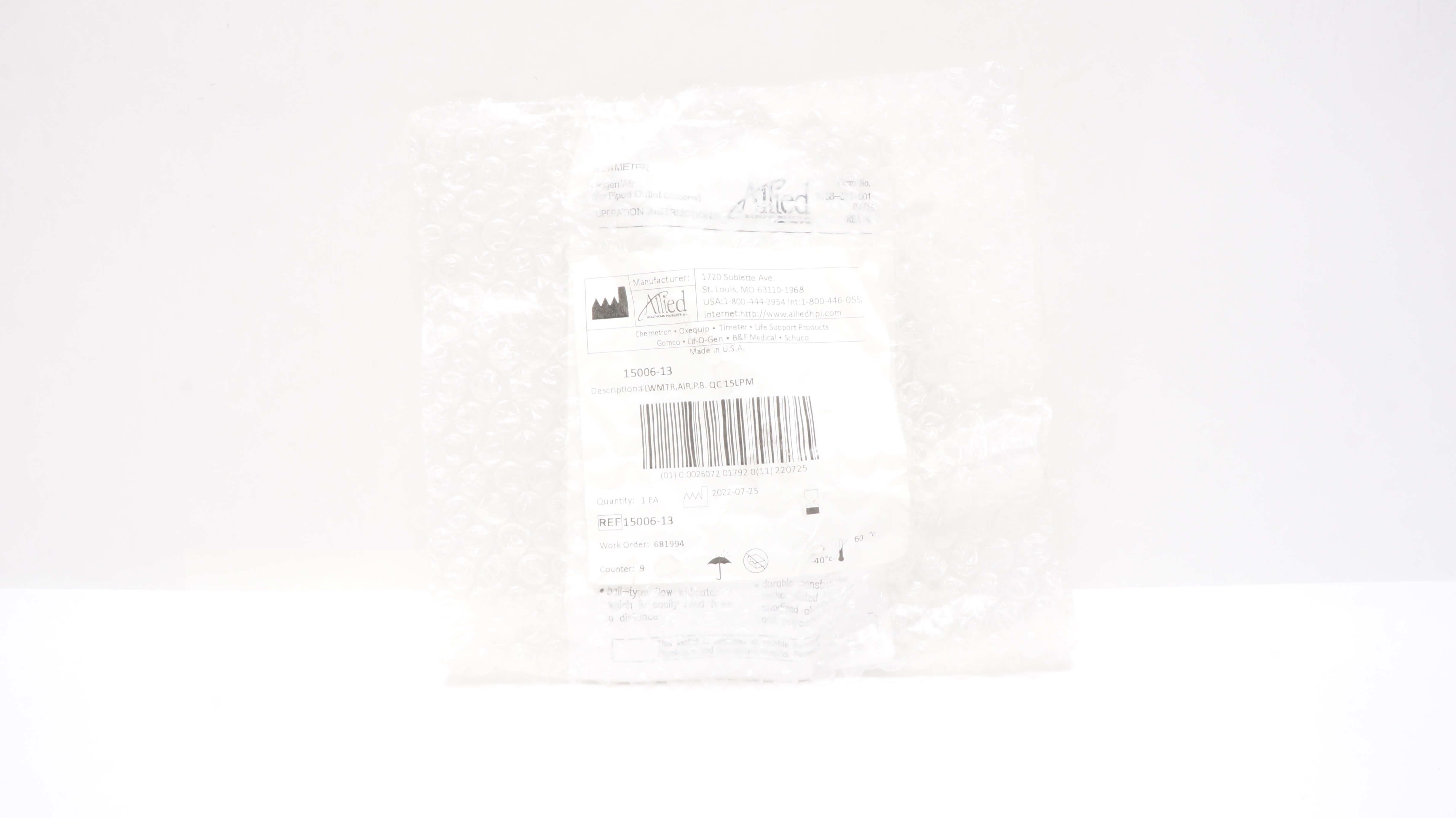 Allied Healthcare 15006-13 Air Flowmeter P.B. QC 15LPM