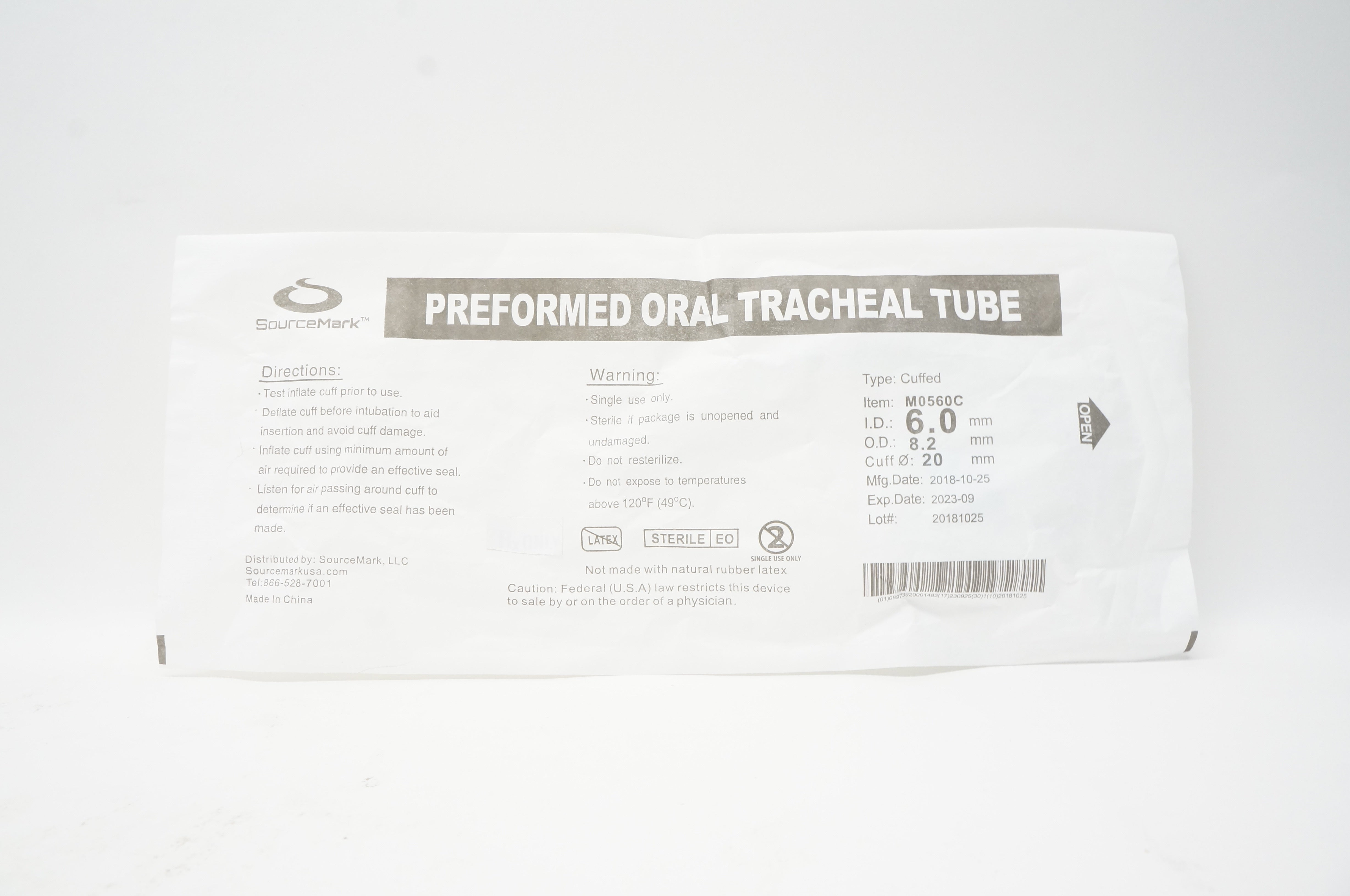 SourceMark M0560C Preformed Oral Tracheal Tube 6.0mm x 8.2mm (x)