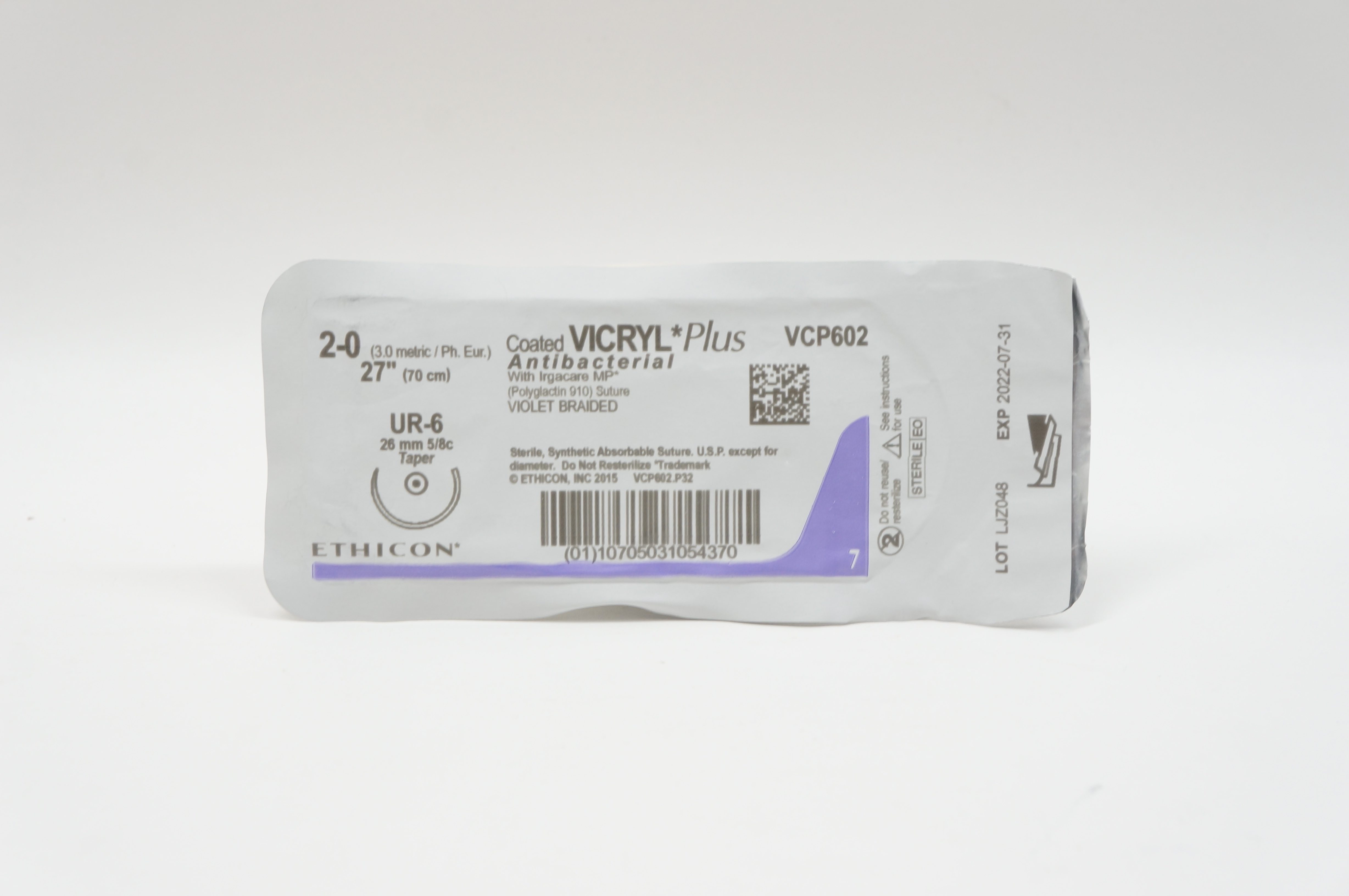 Ethicon VCP602 2-0 VICRYL Plus, UR-6, 26mm 5/8c Taper, 27inch