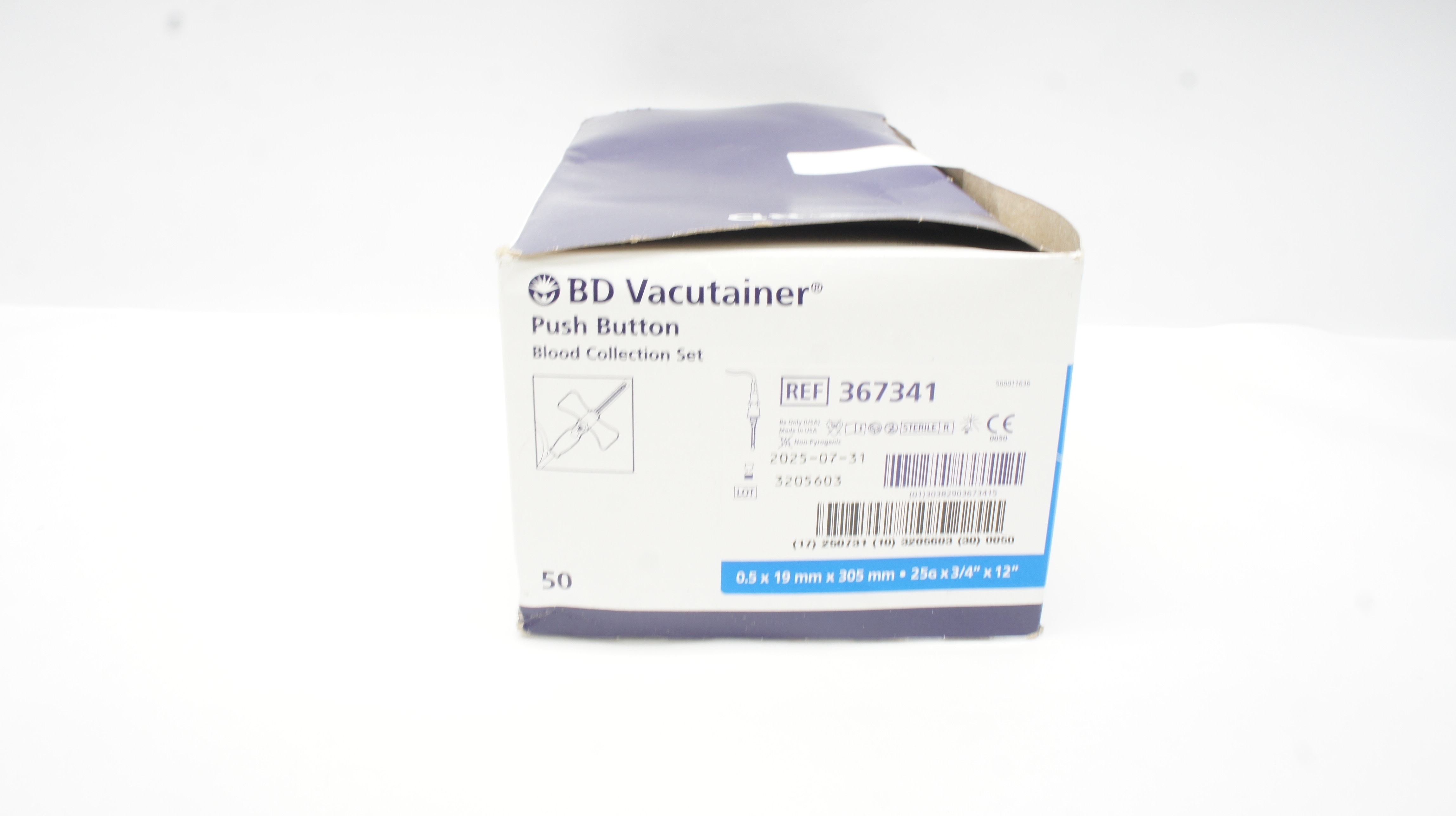 BD 367341 Vacutainer Push Button Blood Collection Set 25Gx3/4x12inch - Box of 36