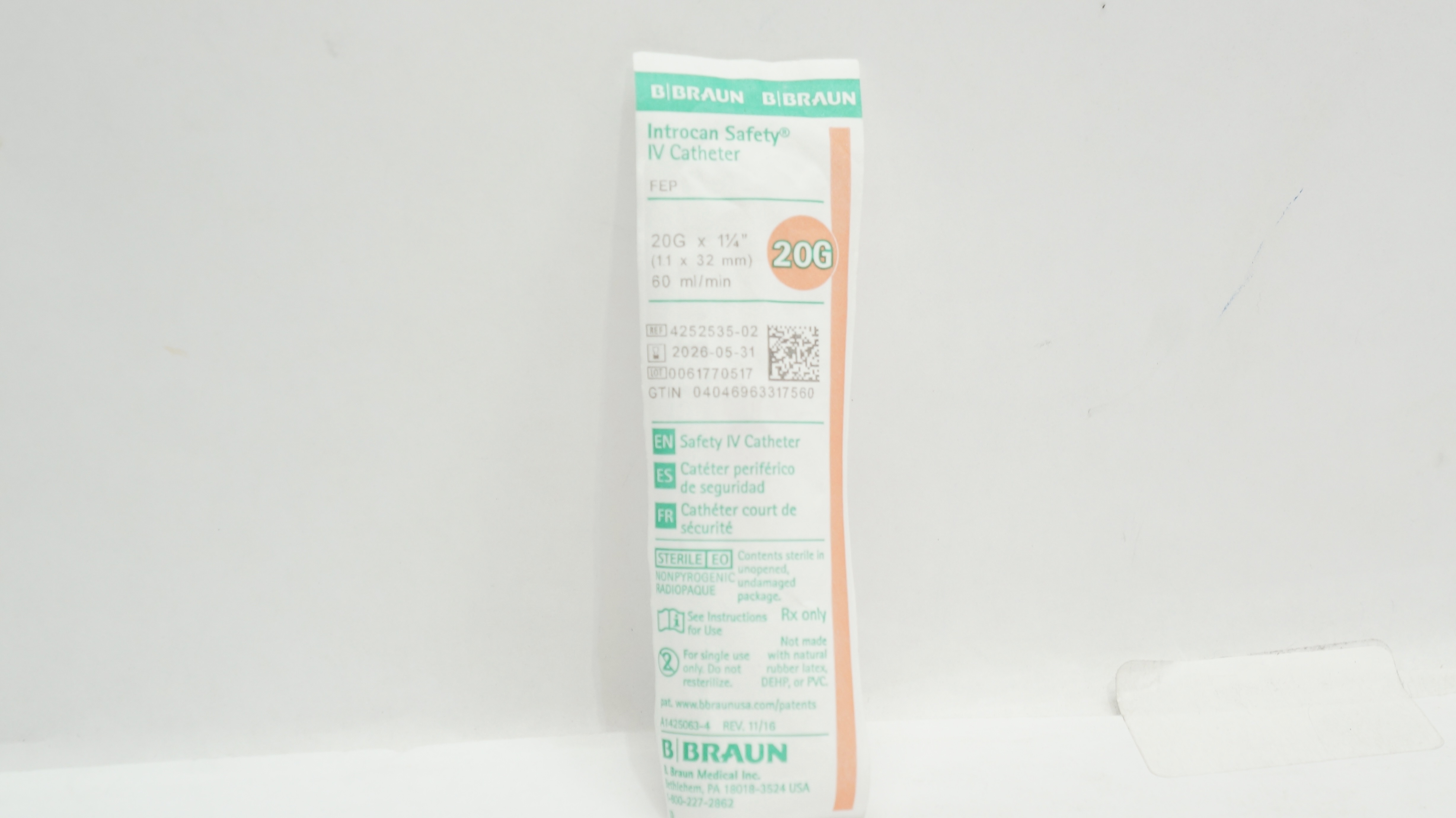 Braun 4252535-02 Introcan Safety IV Cath. 20G x 1 1/4inch  60ml/min