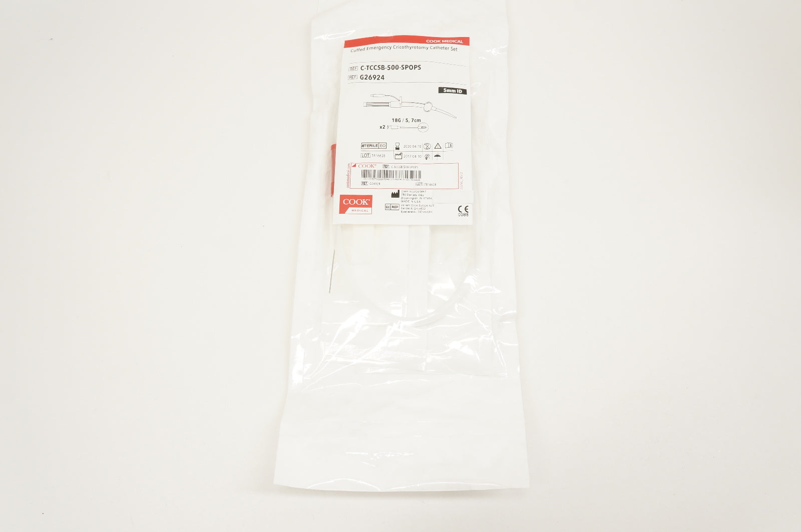 Cook Medical G26924 Cuffed Emergency Cricothyrotomy Cath. Set 18G x 5mm