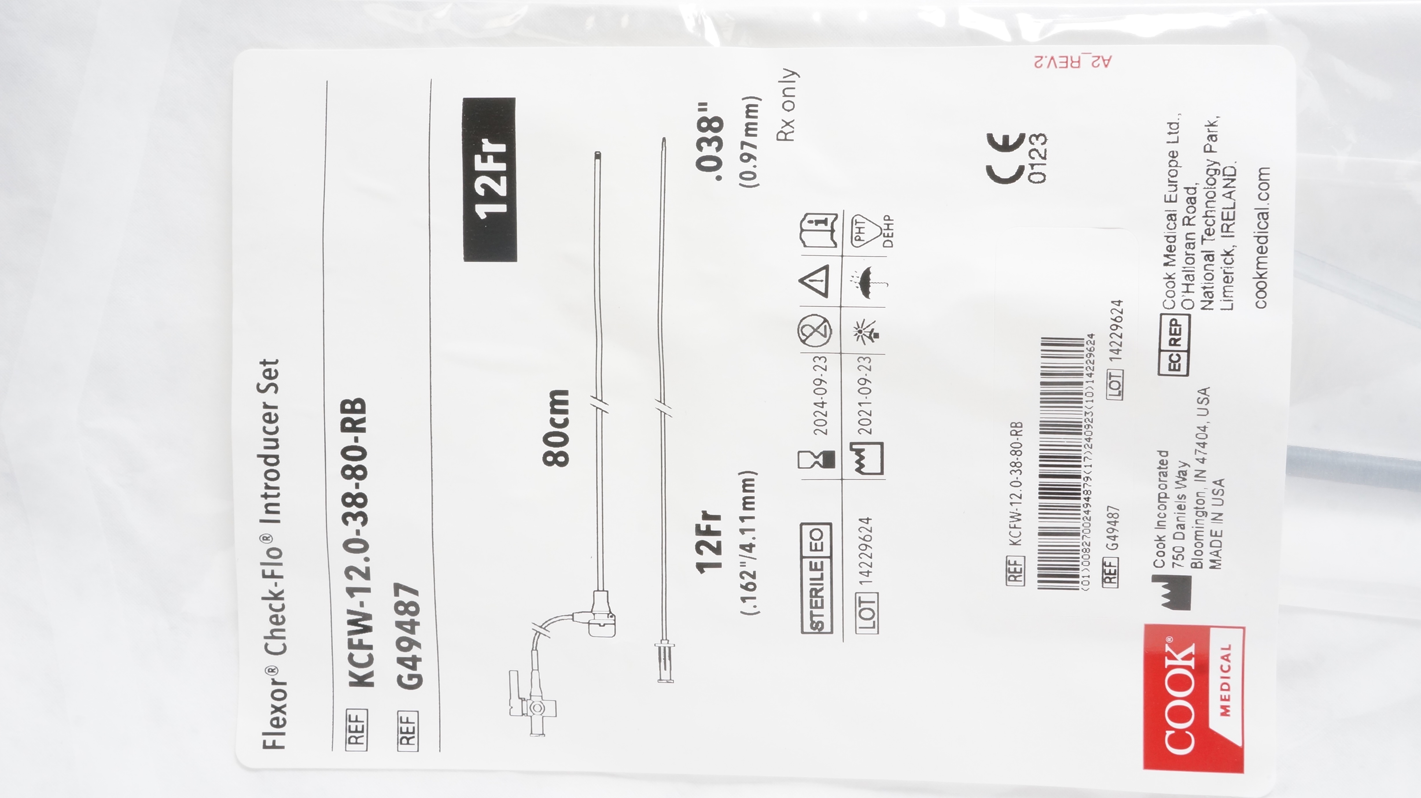 Cook Medical G49487 Flexor Check-Flo Introducer Set 12Fr. x 80cm x .038inch (x)