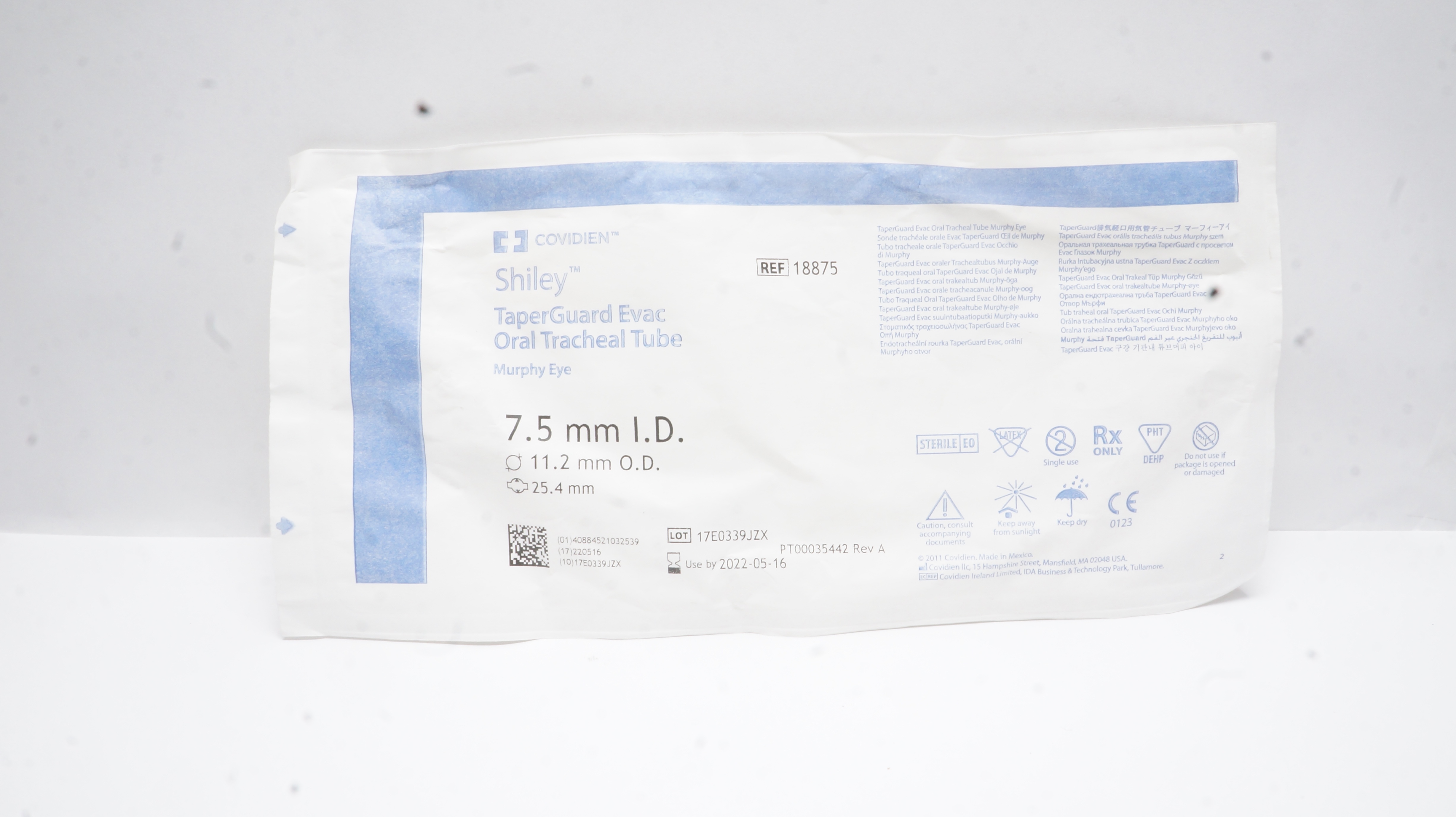 Covidien 18875 Shiley TaperGuard Evac Oral Tracheal Tube 7.5IDx11.2ODx25.4mm (x)