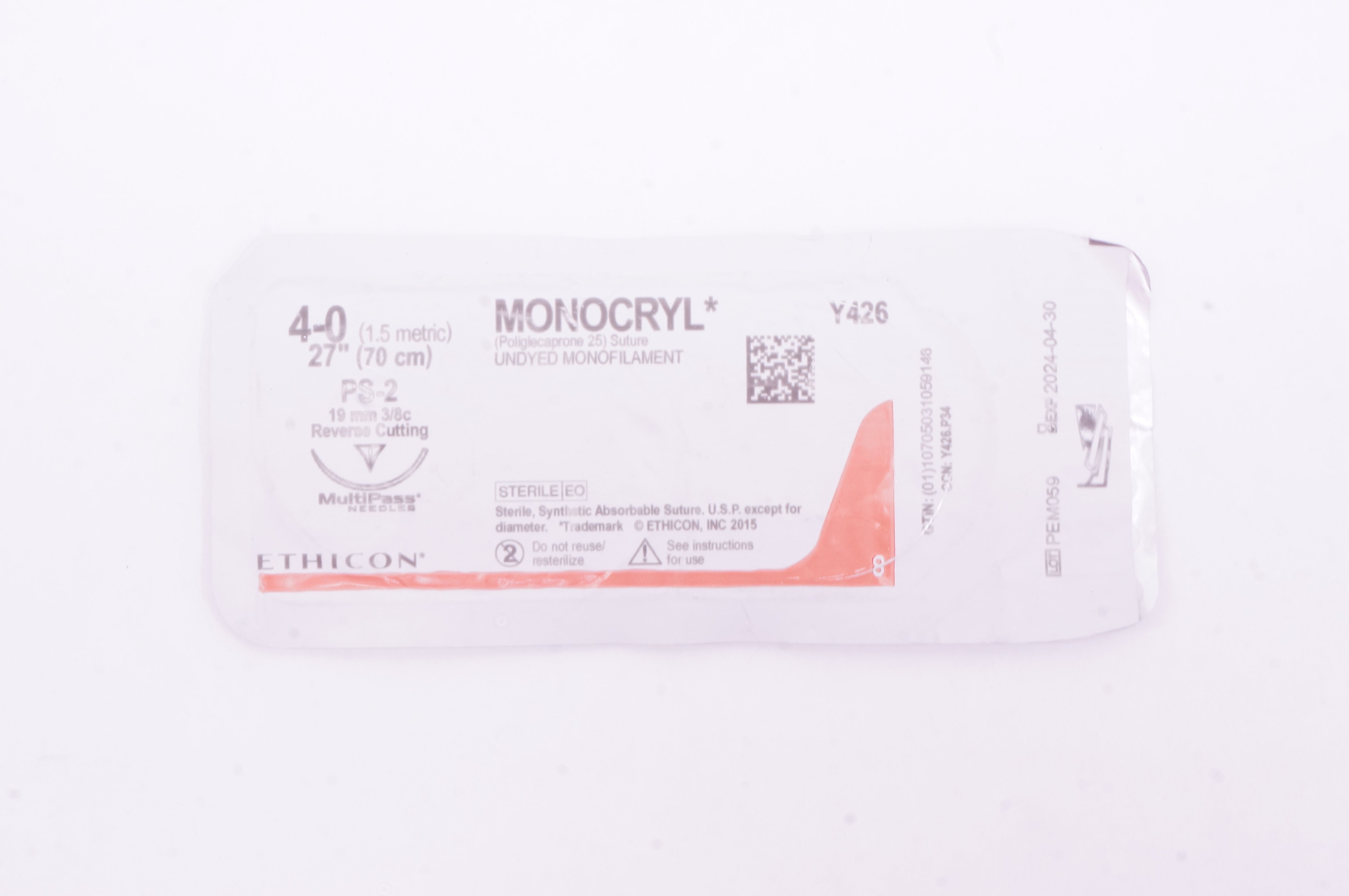 Ethicon Y426 4-0 Monocryl Stre PS-2 19mm 3/8c Reverse Cutting, 27 inch (x)