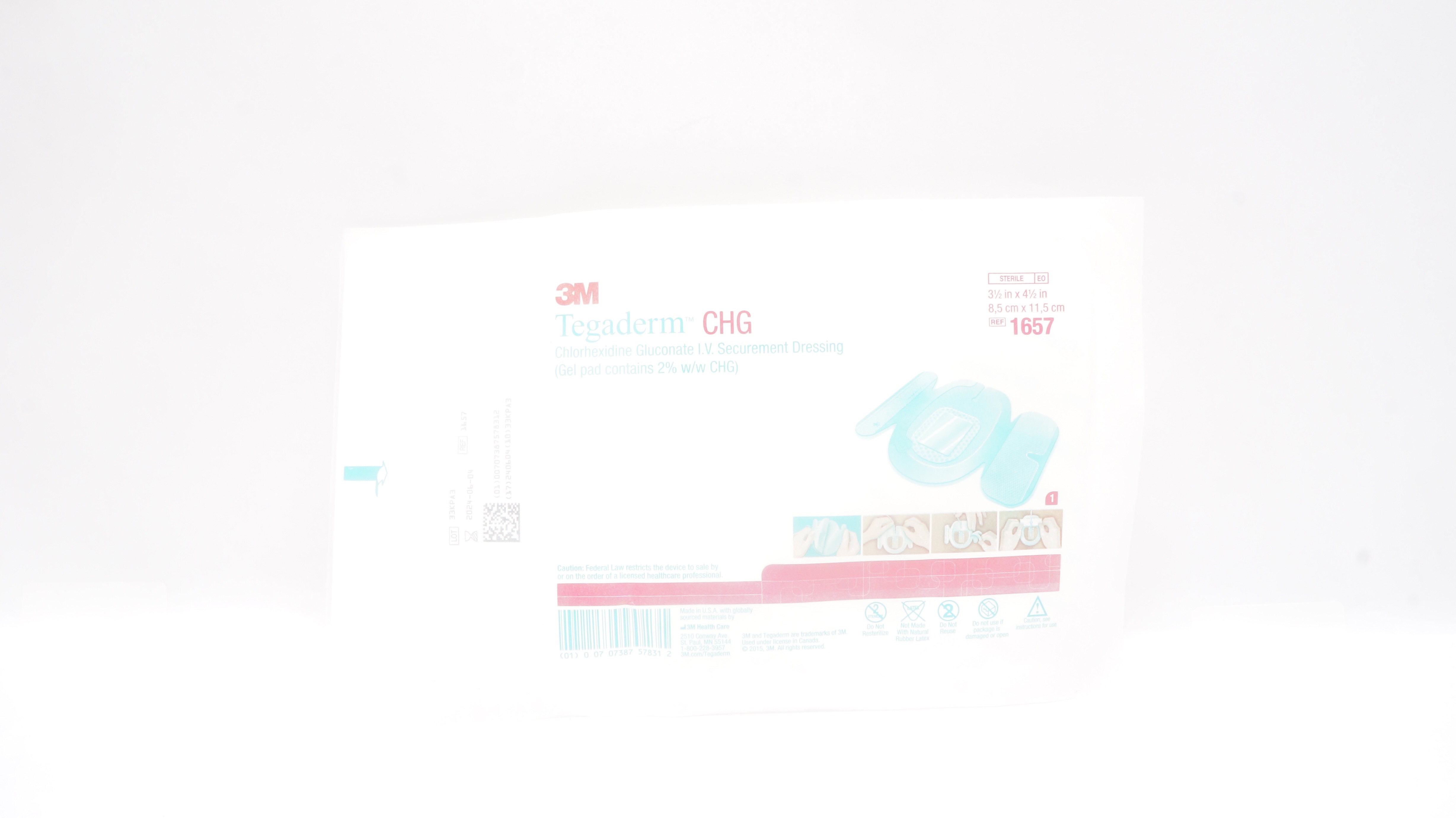 3M 1657 Tegaderm CHG Chlorhexidine Gluconate I.V. Dressing 3-1/2inch x 4-1/2inch