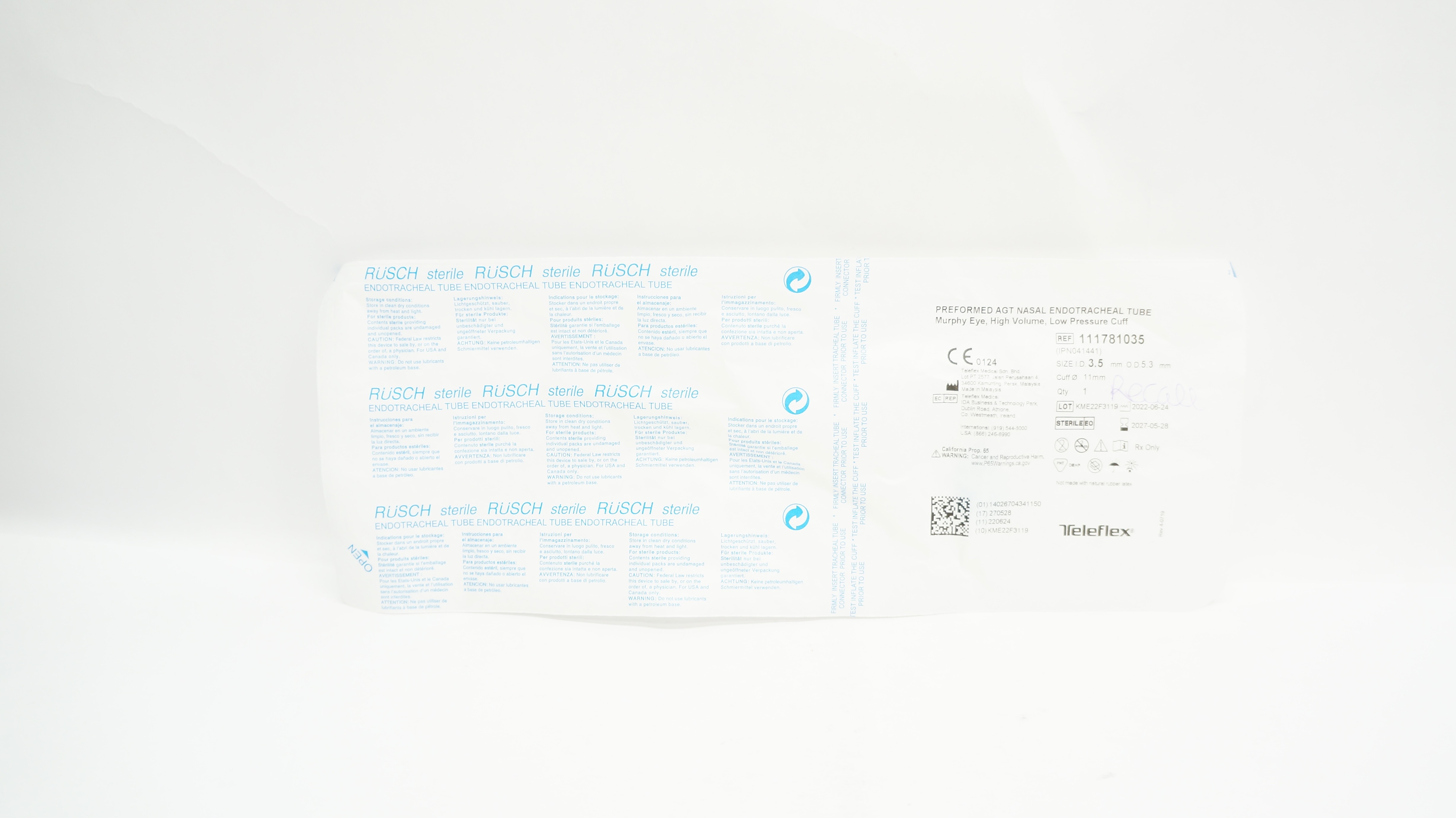 Teleflex 111781035 Preformed Agt Nasal Endotracheal Tube 3.5ID x 5.3OD x 11.0mm