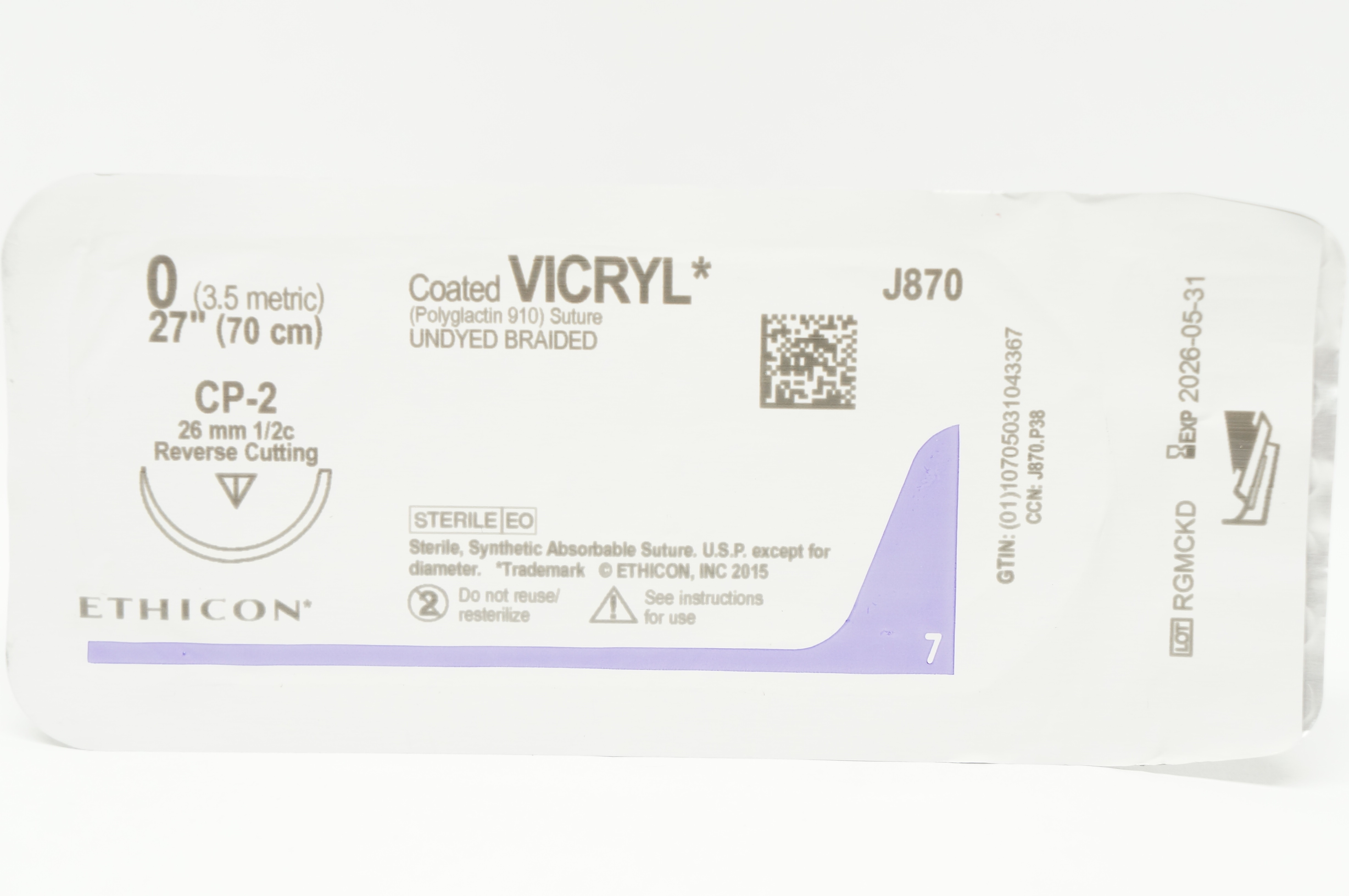 Ethicon J870 0 Coated VICRYL Stre CP-2 26mm 1/2c Reverse Cutting, 27inch